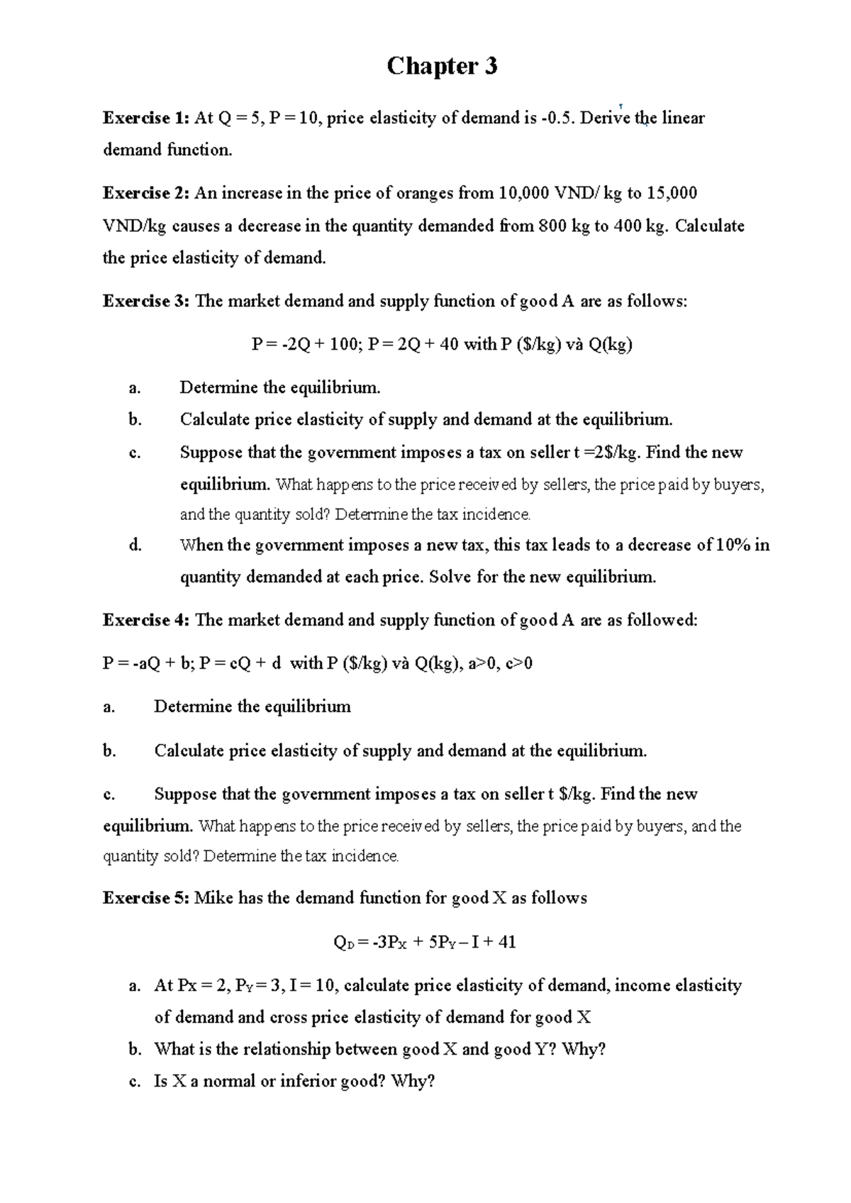 Chapter 3 Exercises 2025: Price Elasticity & Demand Functions Analysis ...