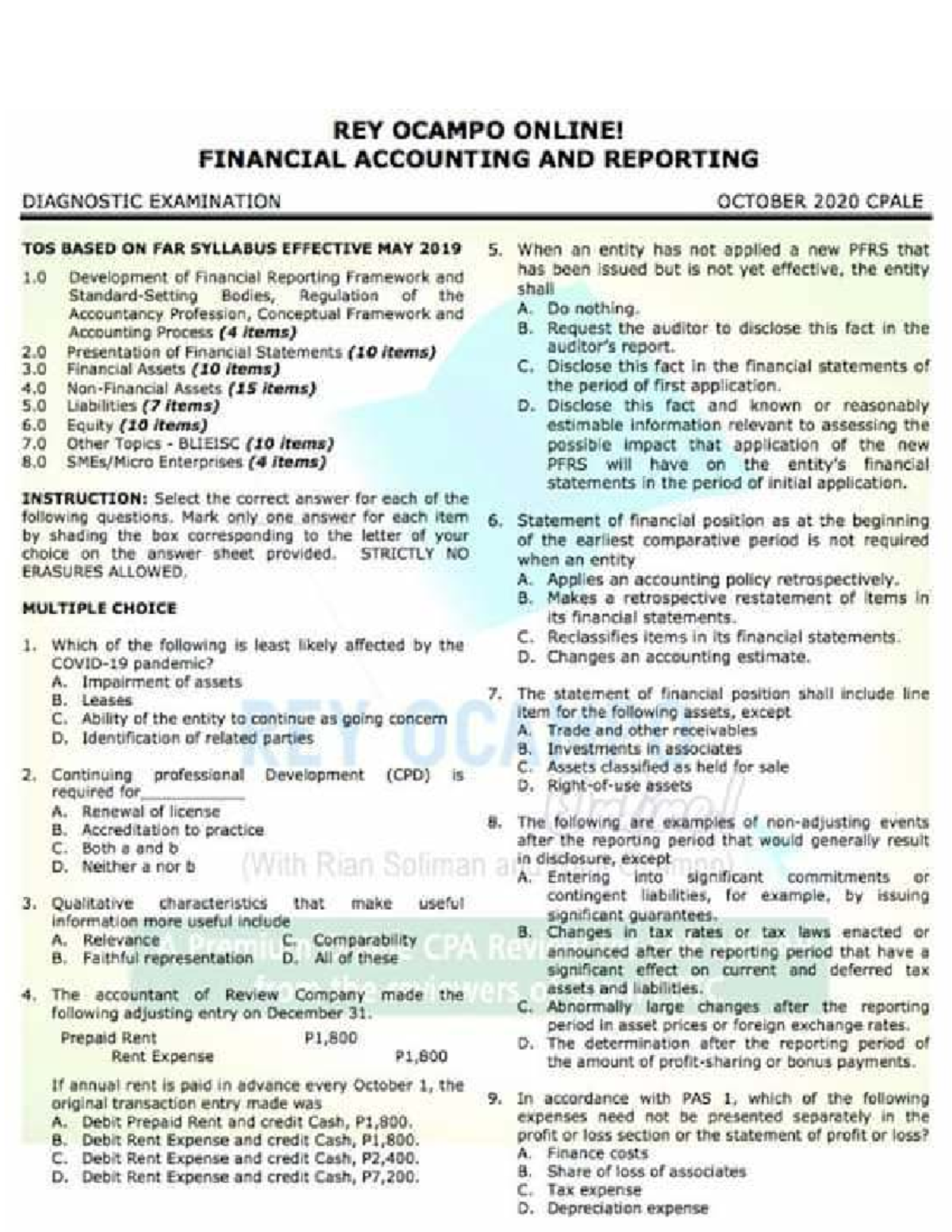 REY OCAMPO ONLINE! CPALE 2020 FAR DIAGNOSTIC EXAMINATION NOTES - Studocu