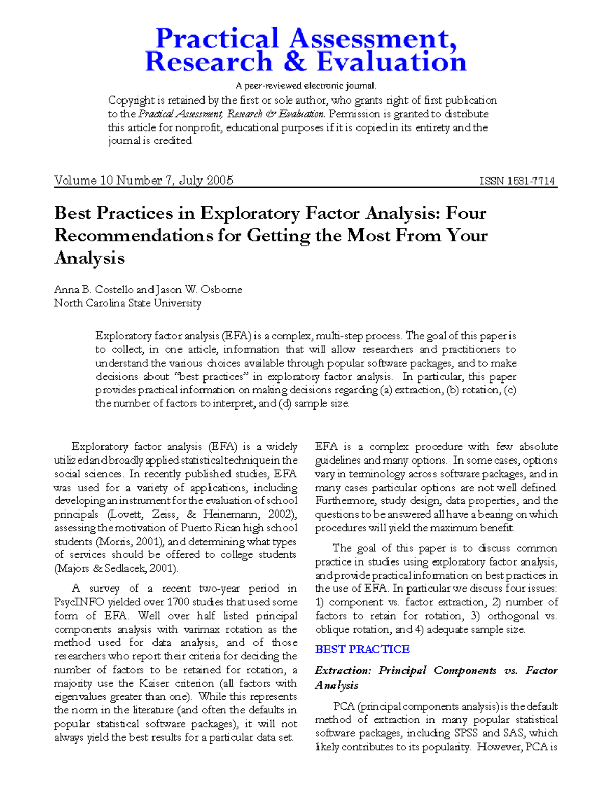Best Practices in Exploratory Factor Analysis (EFA) - Volume 10, No. 7 ...