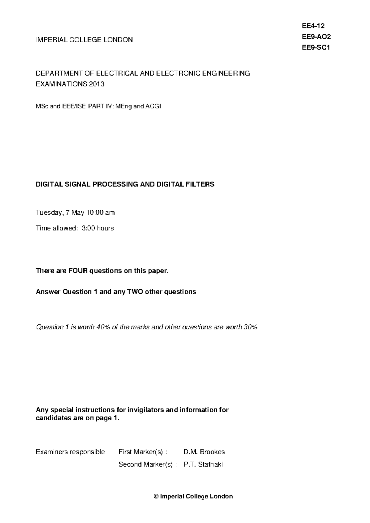 Digital Signal Processing Exam 2013 Solutions (MSc MEng) - Studocu