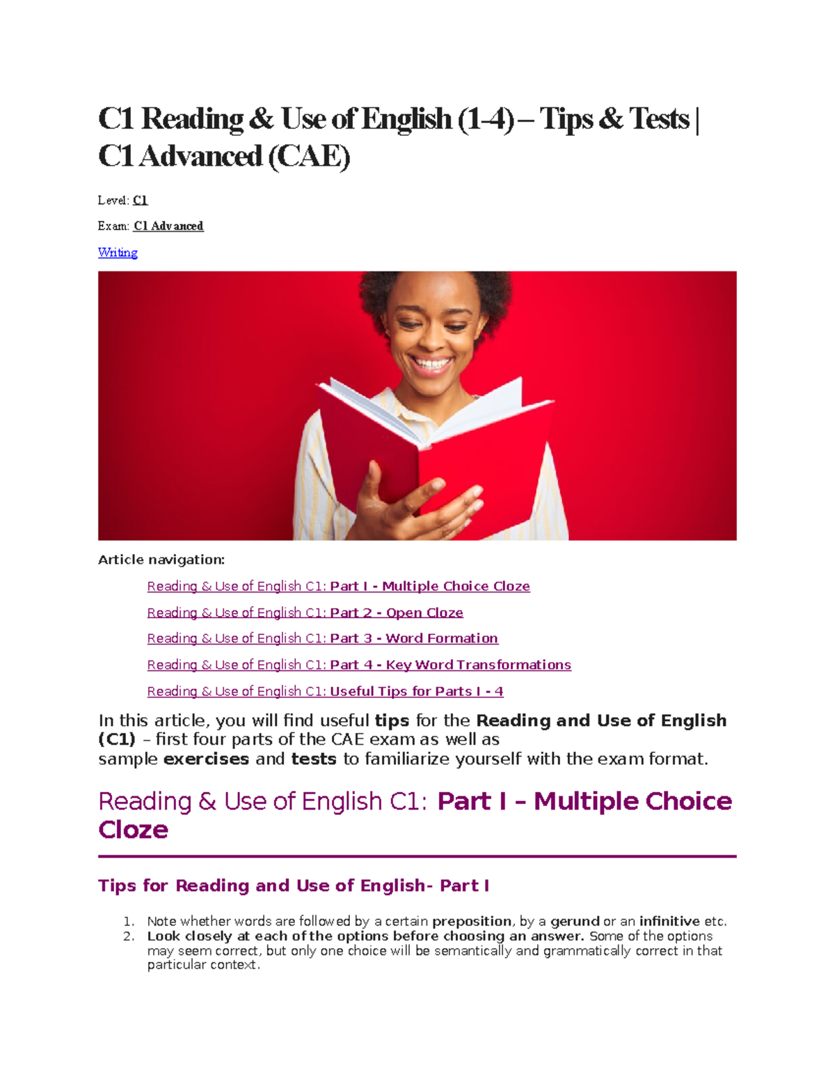 C1 Advanced (CAE) Reading Use of English Tips & Practice Guide - Studocu