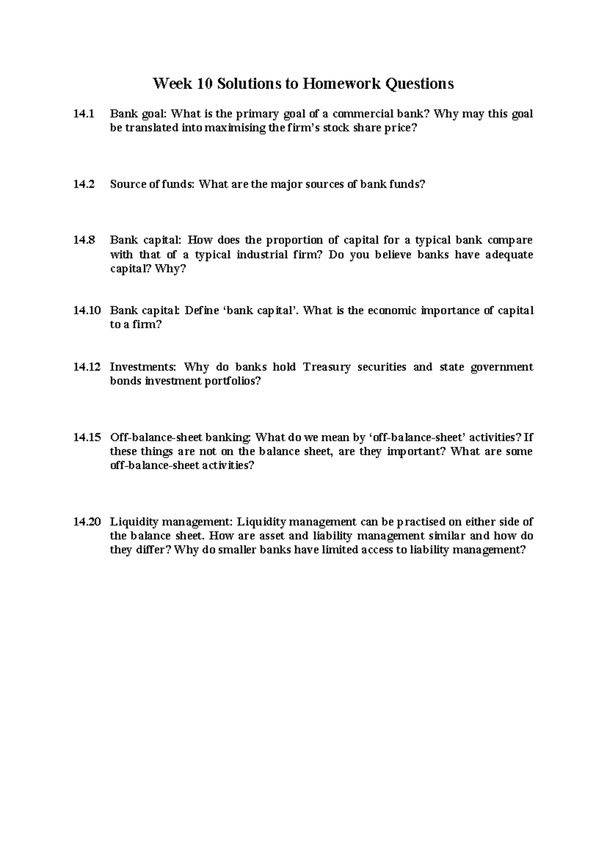 Week 10 Homework Questions: Bank Goals & Capital Analysis - Studocu