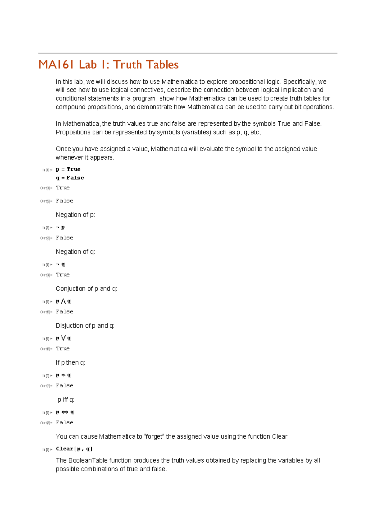 MA161 Lab 1: Exploring Truth Tables with Mathematica - Studocu