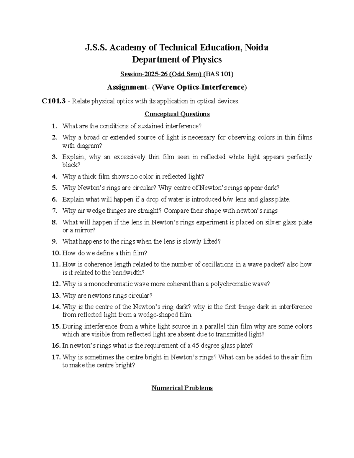 Interference Assignment - UNIT 3 A (BAS 101) - Wave Optics Concepts ...