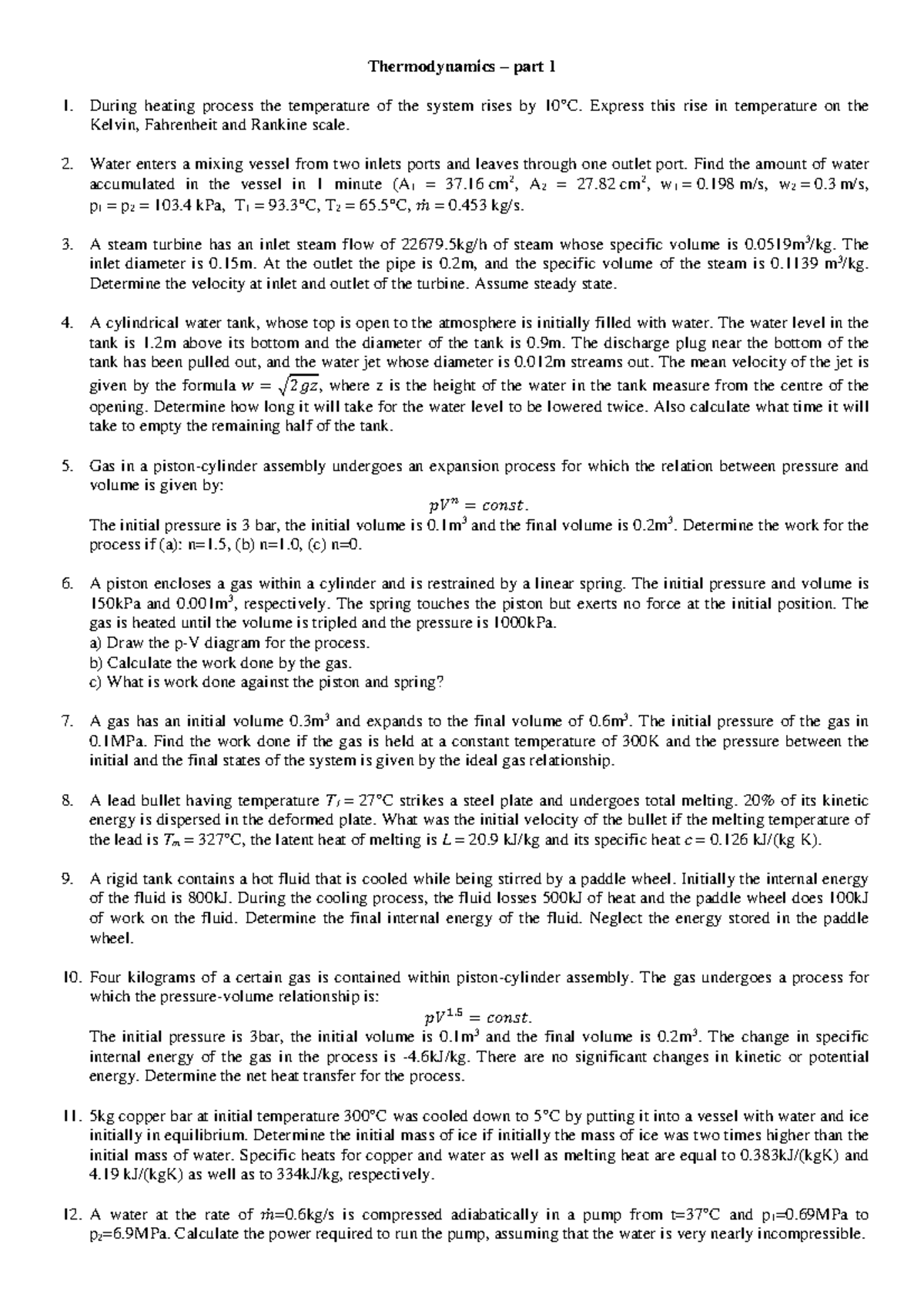 Thermodynamics Problems Part 1 - Course Code 209 - Studocu