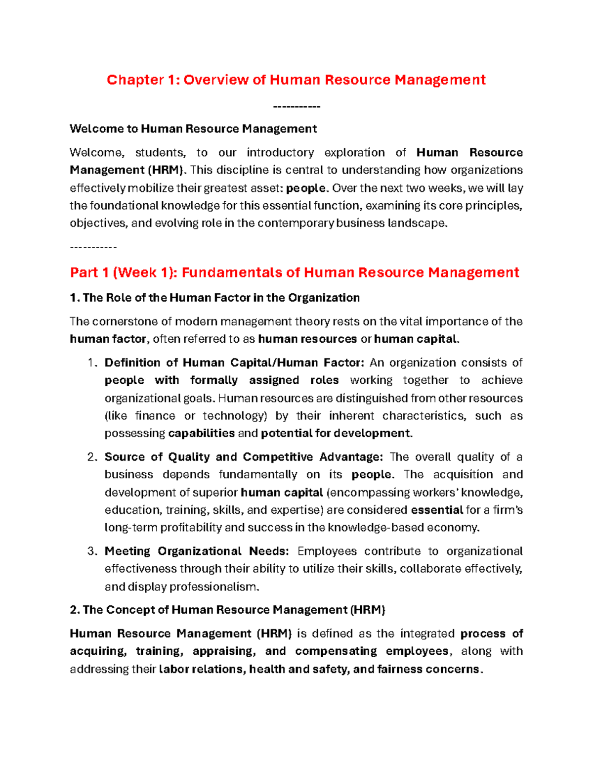 C1: Chapter 1 - Overview of Human Resource Management - Studocu