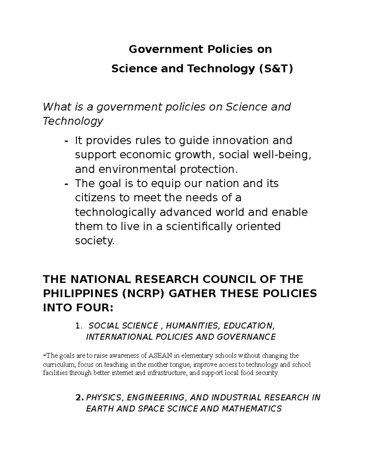 Govt Policies on Science & Tech: A Comprehensive Overview - Studocu
