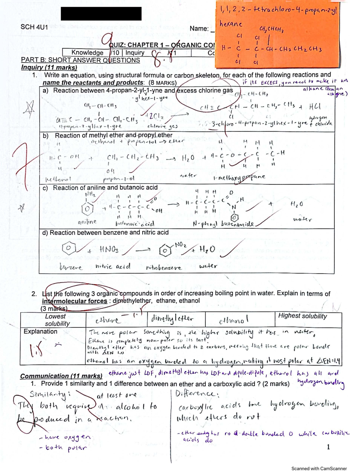 SCH 4U1 Quiz: Organic Chemistry Chapter 1 Short Answer Questions - Studocu