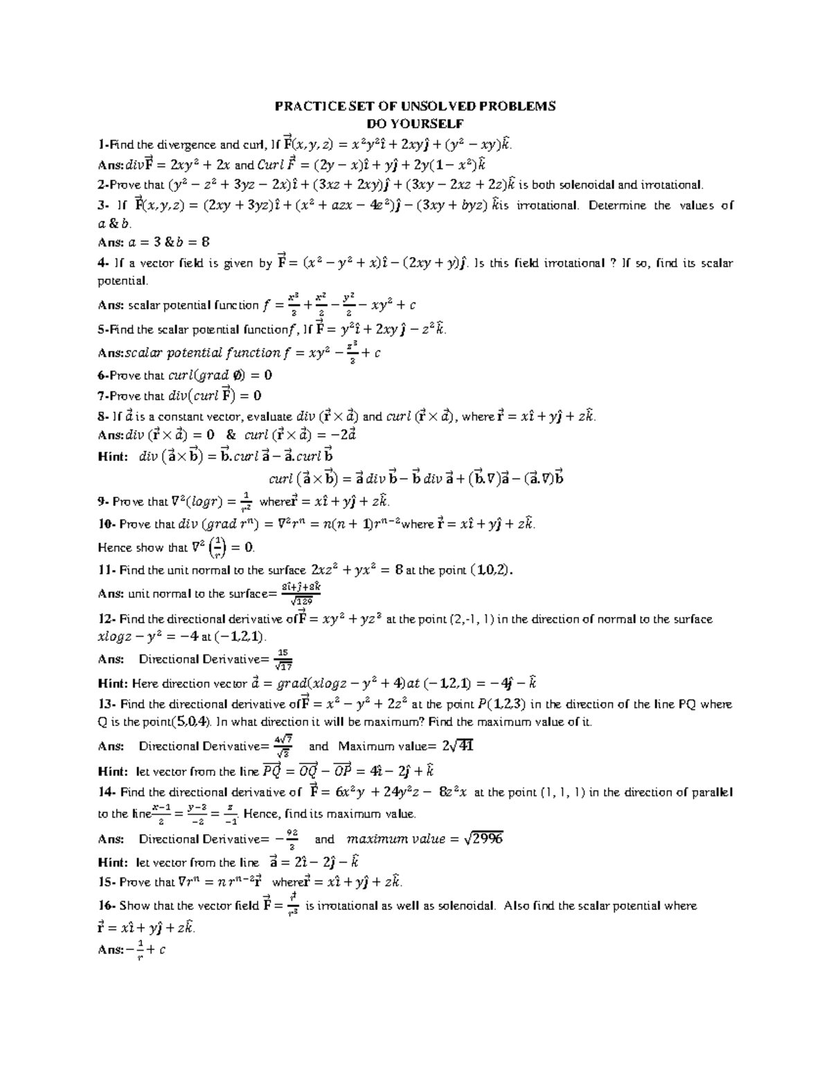 Vector Calculus Unsolved Problems Practice Set: Exercises and Solutions ...
