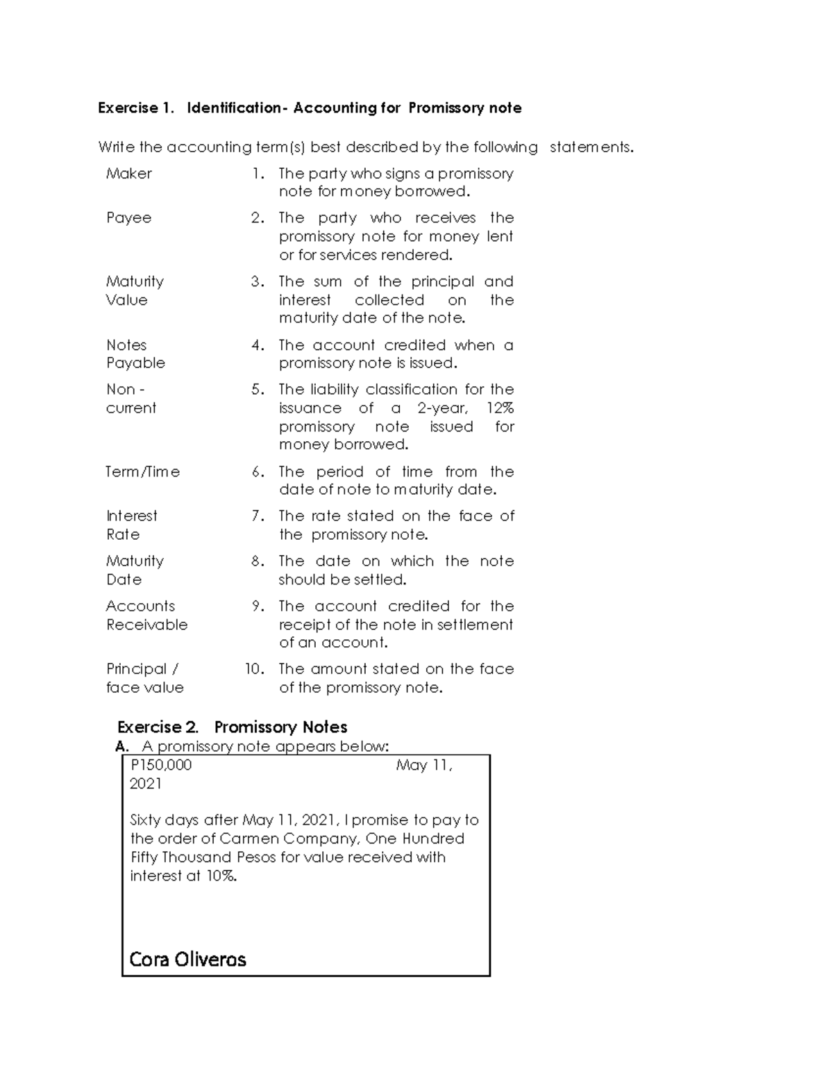 Exercises on Promissory Notes (FDNACCT_ADDITIONAL) - Studocu