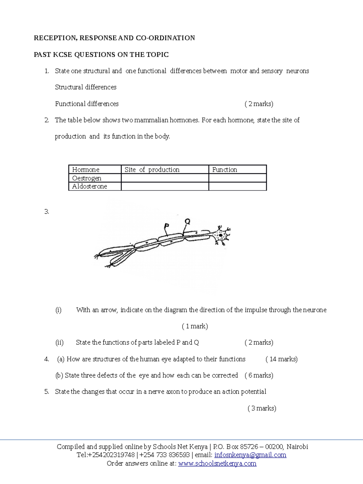 KCSE Revision: Reception, Response & Coordination Questions - Studocu