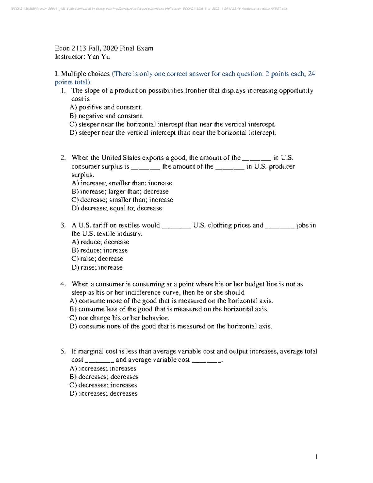 (ECON2113) Fall 2020 Final Exam Study Guide and Practice Questions ...
