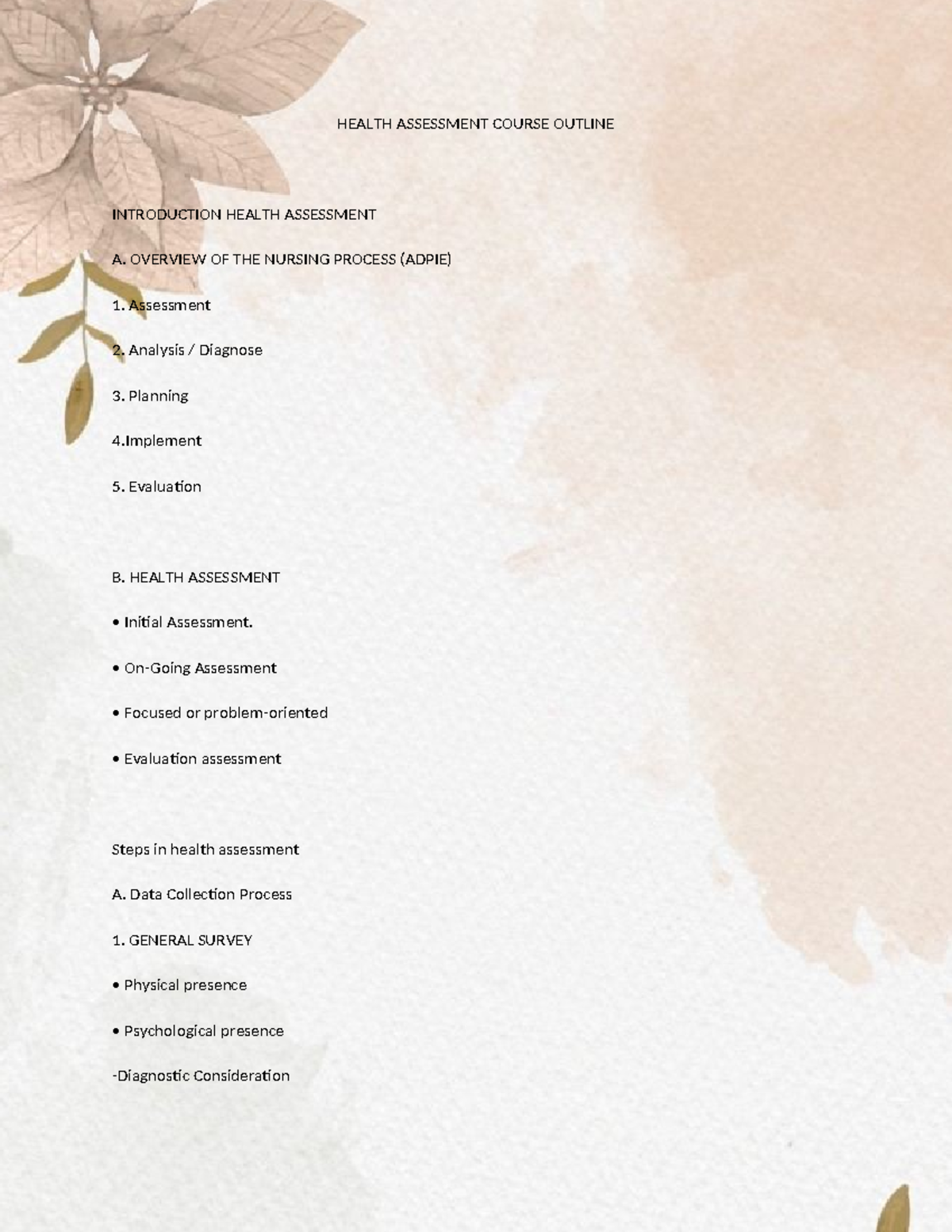 HEALTH 101: Comprehensive Health Assessment Course Outline - Studocu