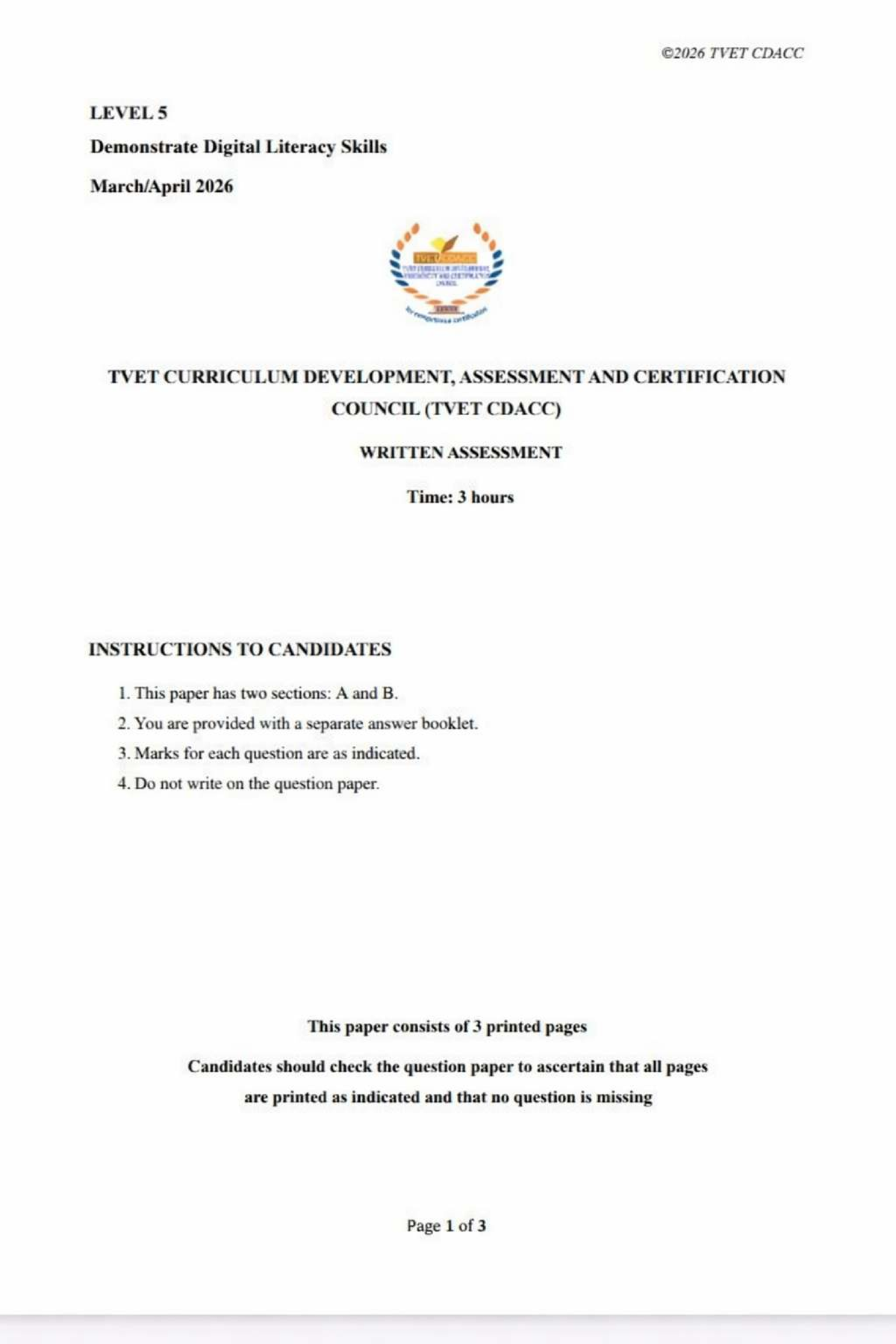 LEVELS Digital Literacy Skills Assessment 2026 TVET CDACC - Studocu