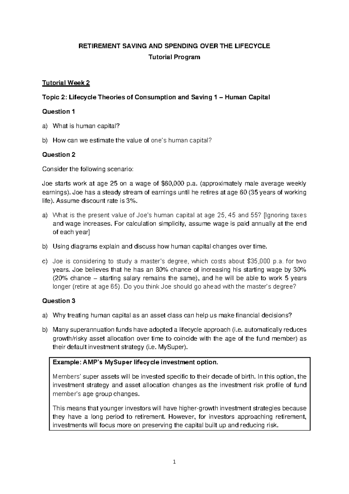 RETIREMENT SAVING & SPENDING: Week 2 Tutorial Qs on Human Capital - Studocu