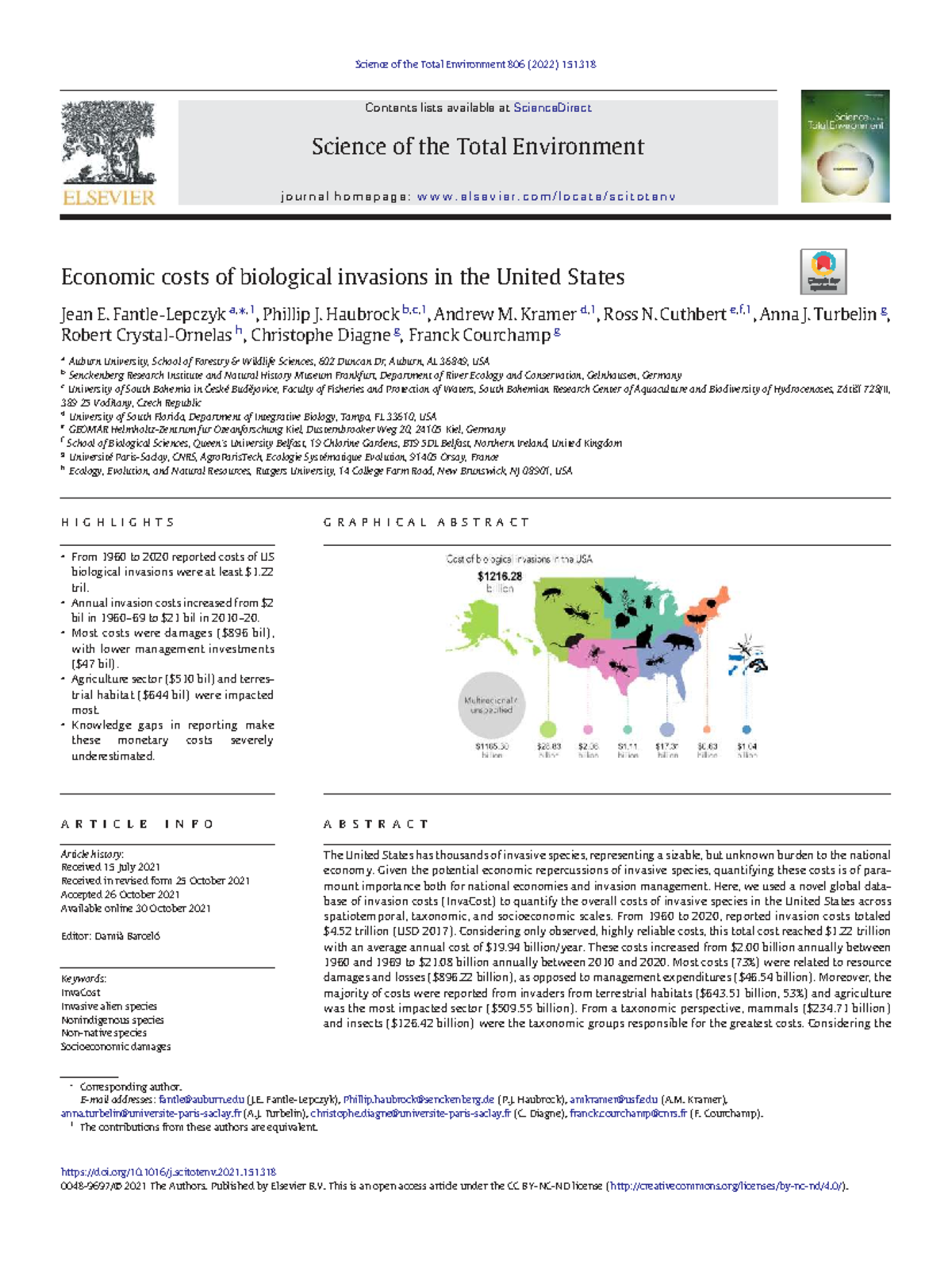 Economic Costs of Invasive Species Management in the U.S. (InvaCost ...