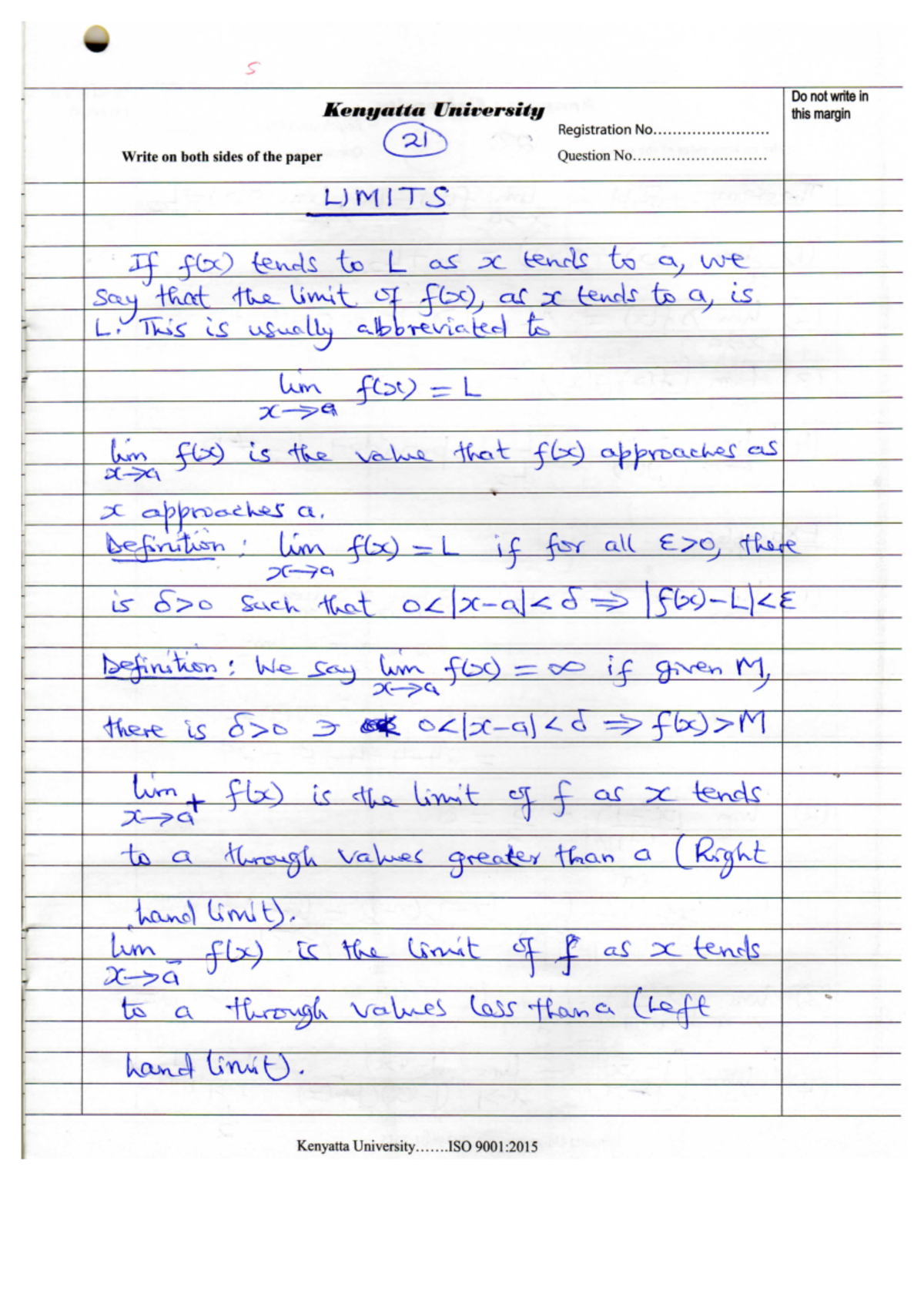 Calculus 1 Limits - S Do not write in Kenyatta University this margin ...