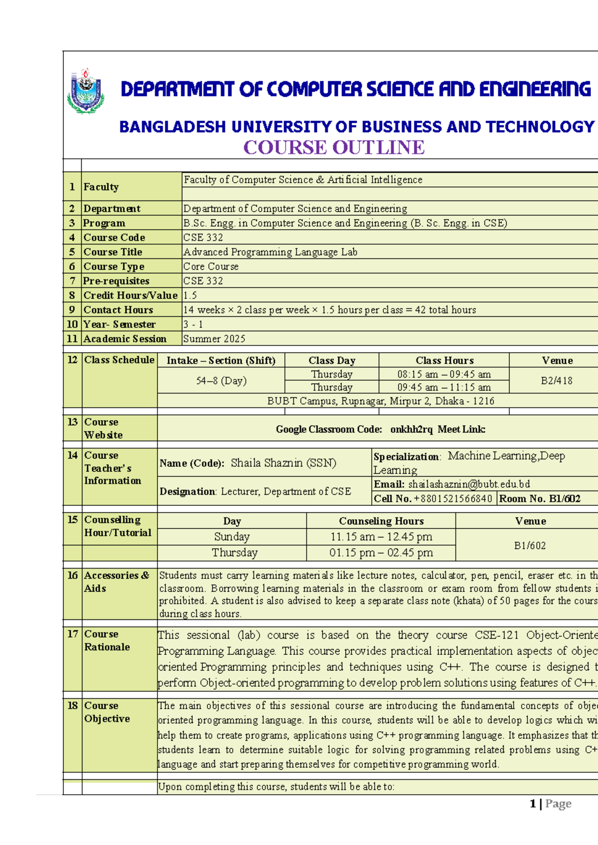 CSE 332 - Advanced Programming Language Lab Course Outline - Studocu