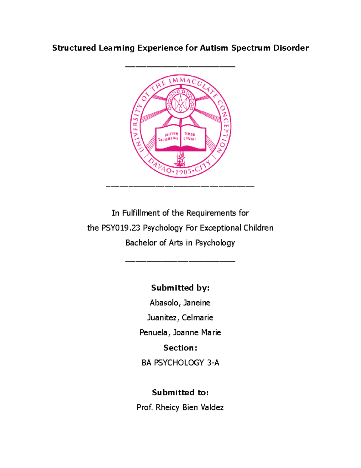 Structured Learning Experience for ASD: PSY019.23 Lecture Notes - Studocu
