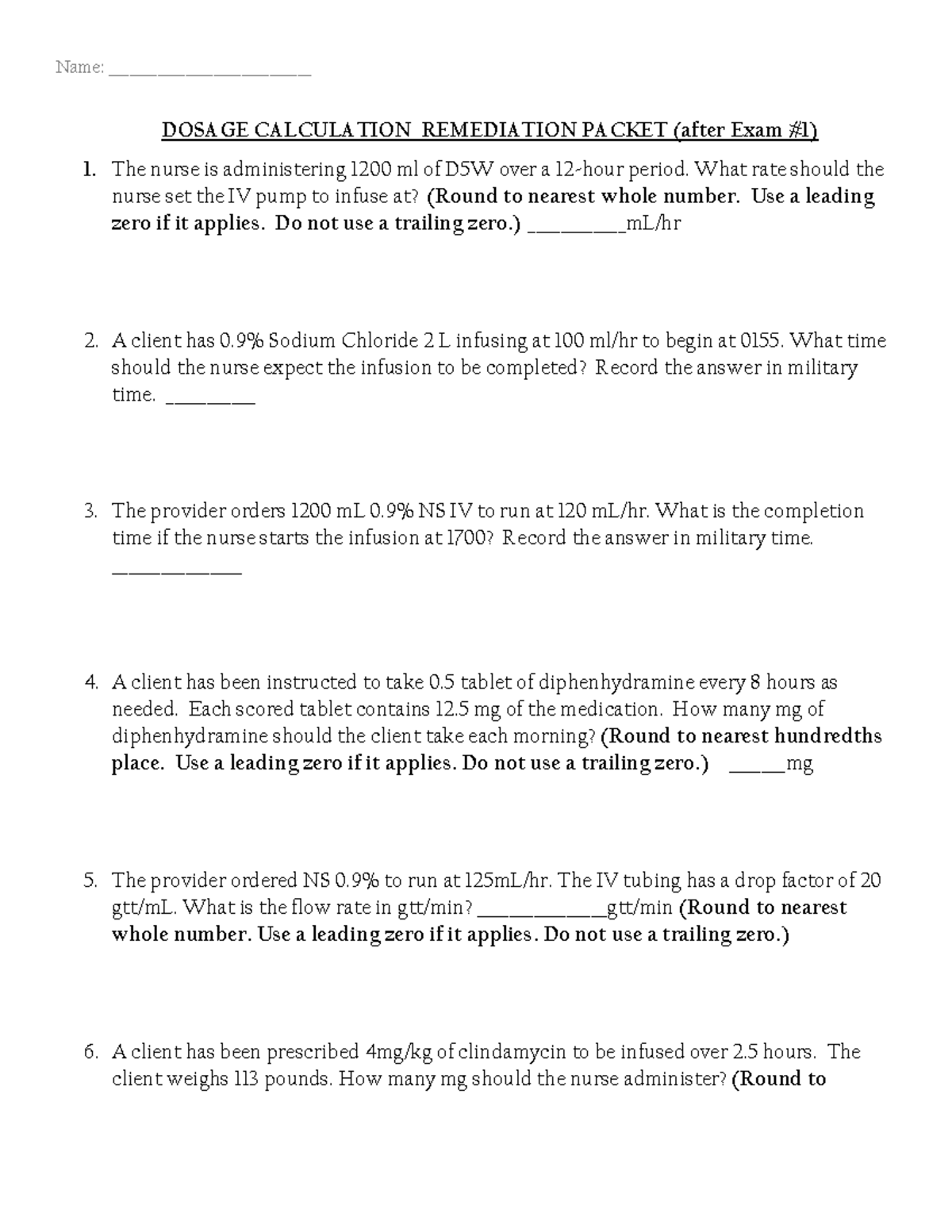 Dosage Calculation Remediation Packet for Nursing Exam 1 - Studocu