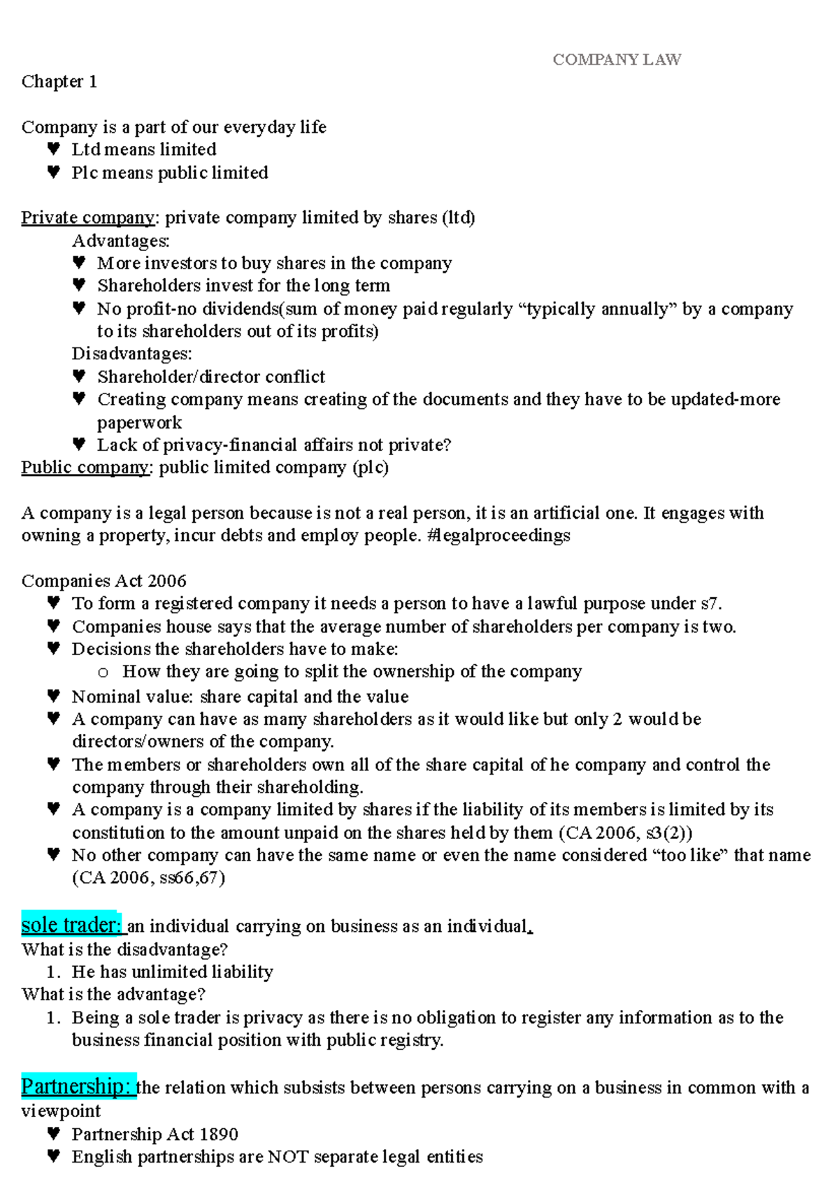 Chapter 1 - Company Law Lecture Notes on Formation and Types - Studocu