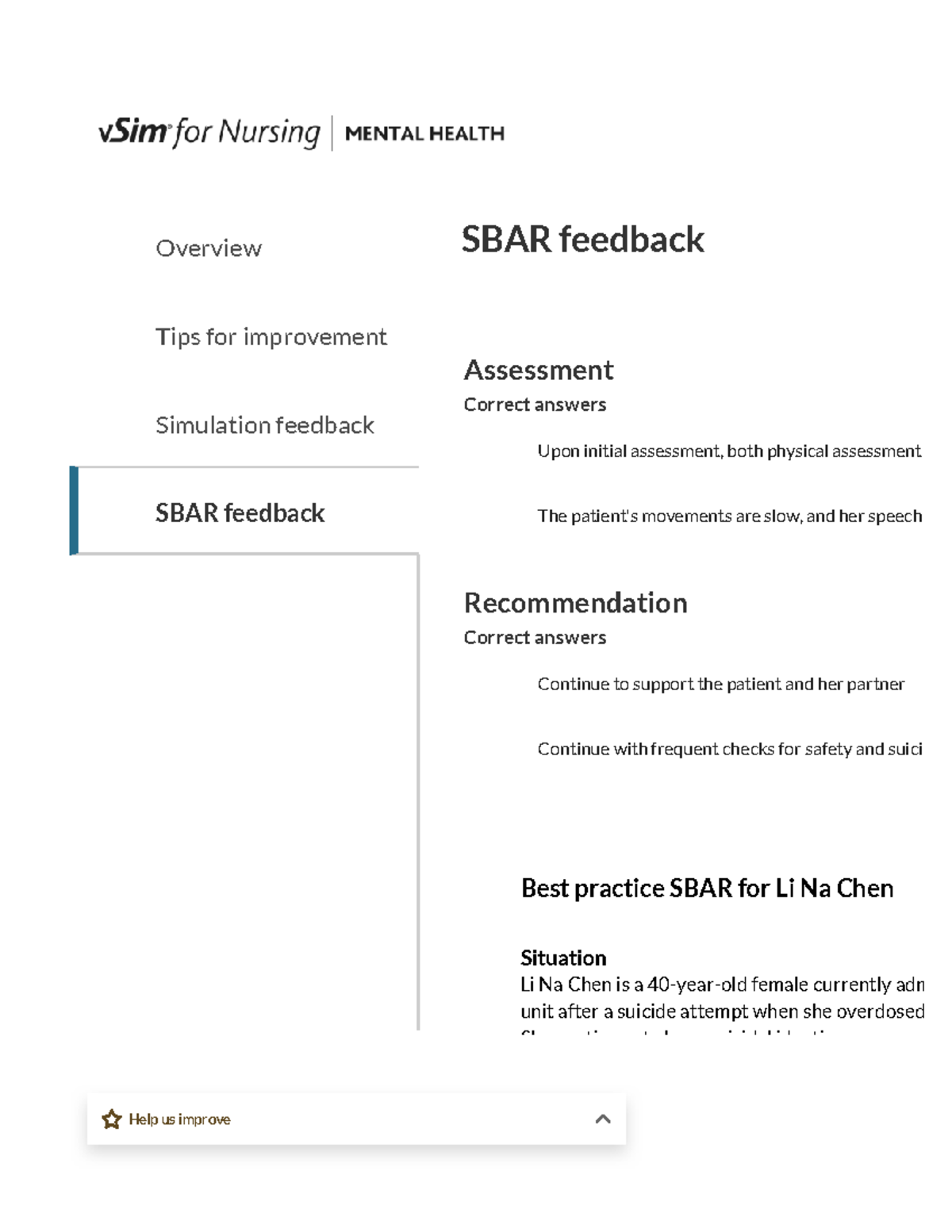 vSIM SBAR Li na Chen pt.1 2/3 - Overview Tips for improvement ...