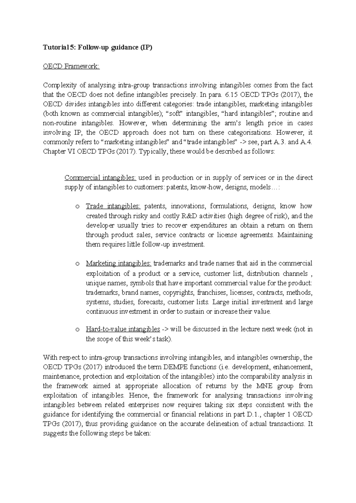 Tutorial 5: Intra-Group Intangibles Analysis and OECD TPGs Guidance ...
