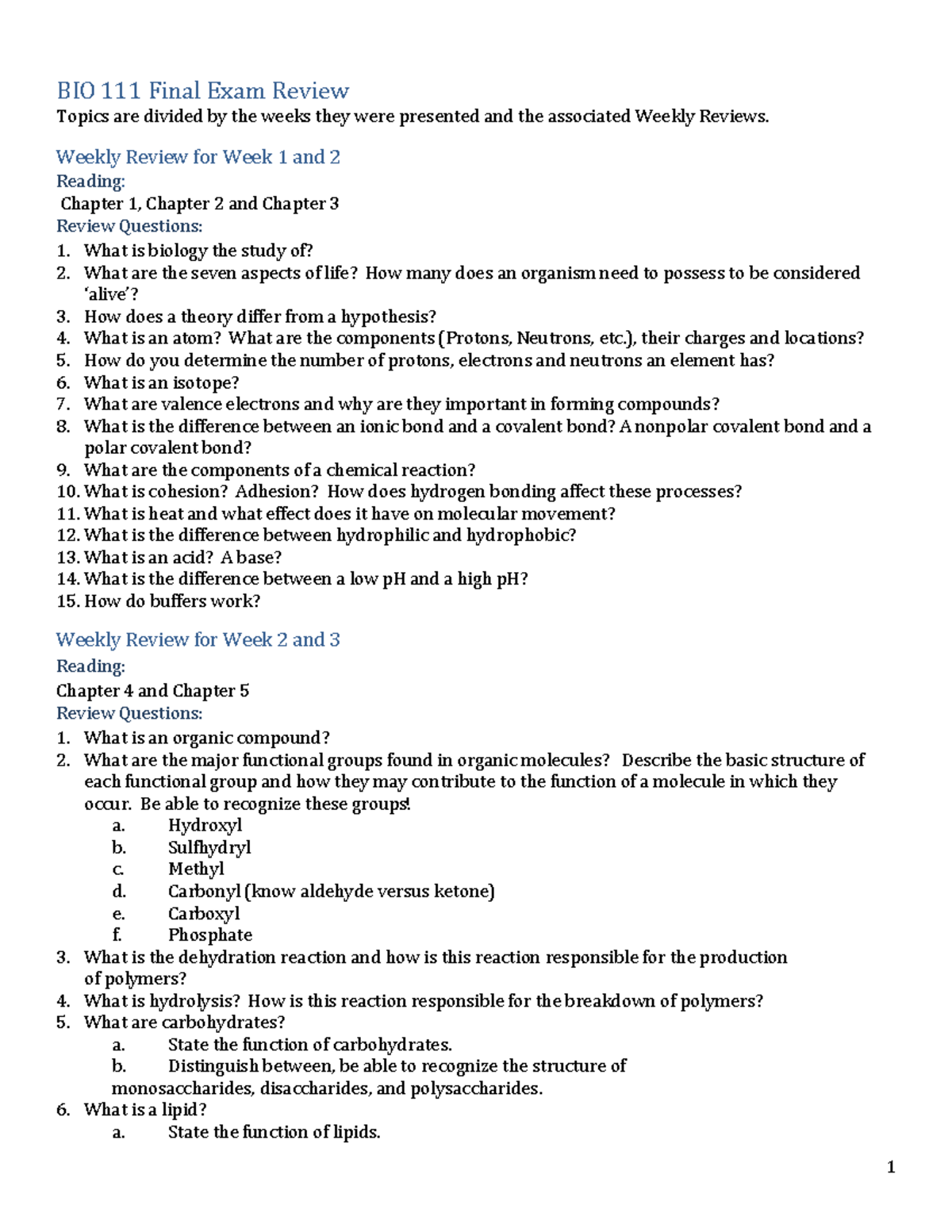 BIO 111 Final Exam Review: Study Questions for Chapters 1-17 - Studocu