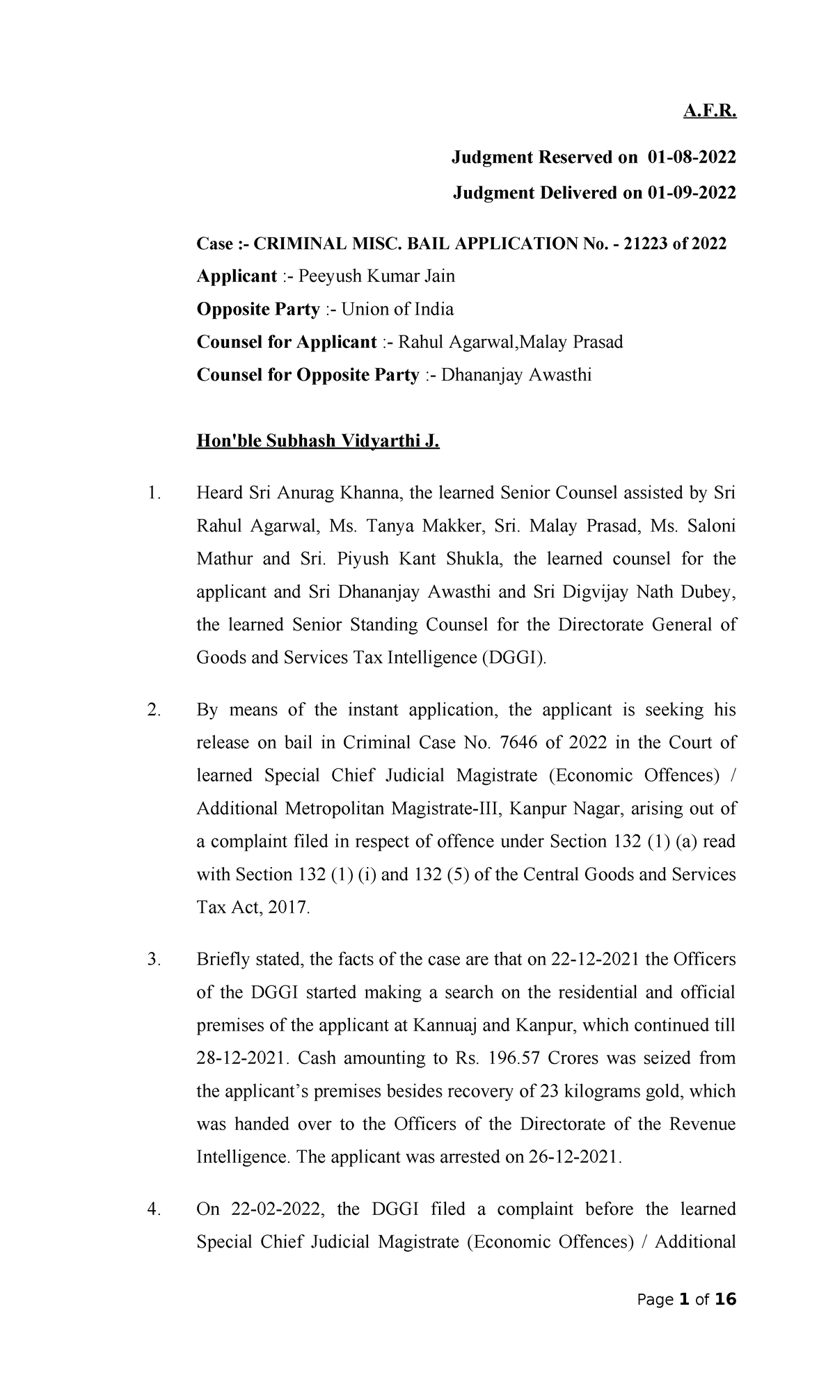 Peeyush Jain Case - Bail Application No. 21223 of 2022 Analysis - Studocu