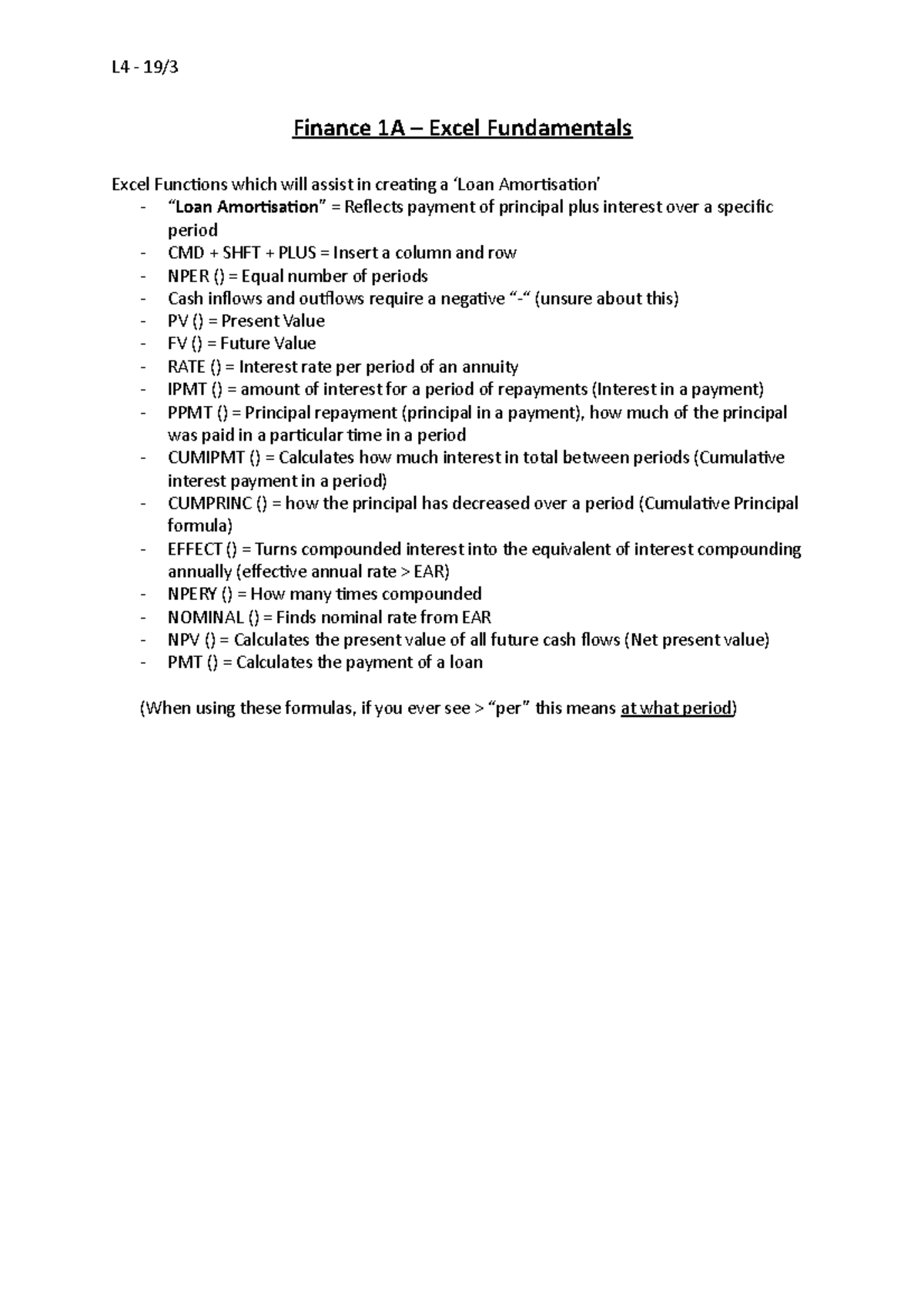 4 - Excel Fundamentals - L4 - 19/ Finance 1A – Excel Fundamentals Excel ...