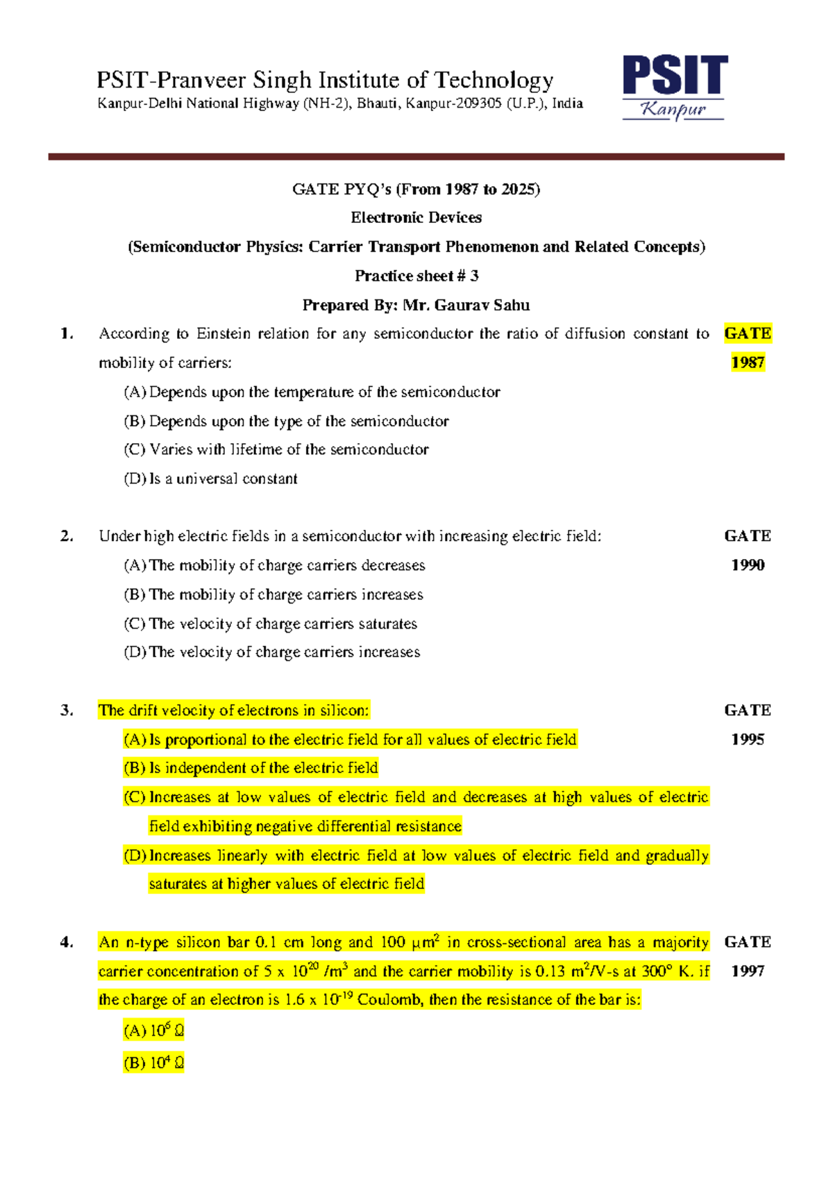 GATE PYQ 1987-2025: Semiconductor Physics Practice Sheet 3 - Studocu