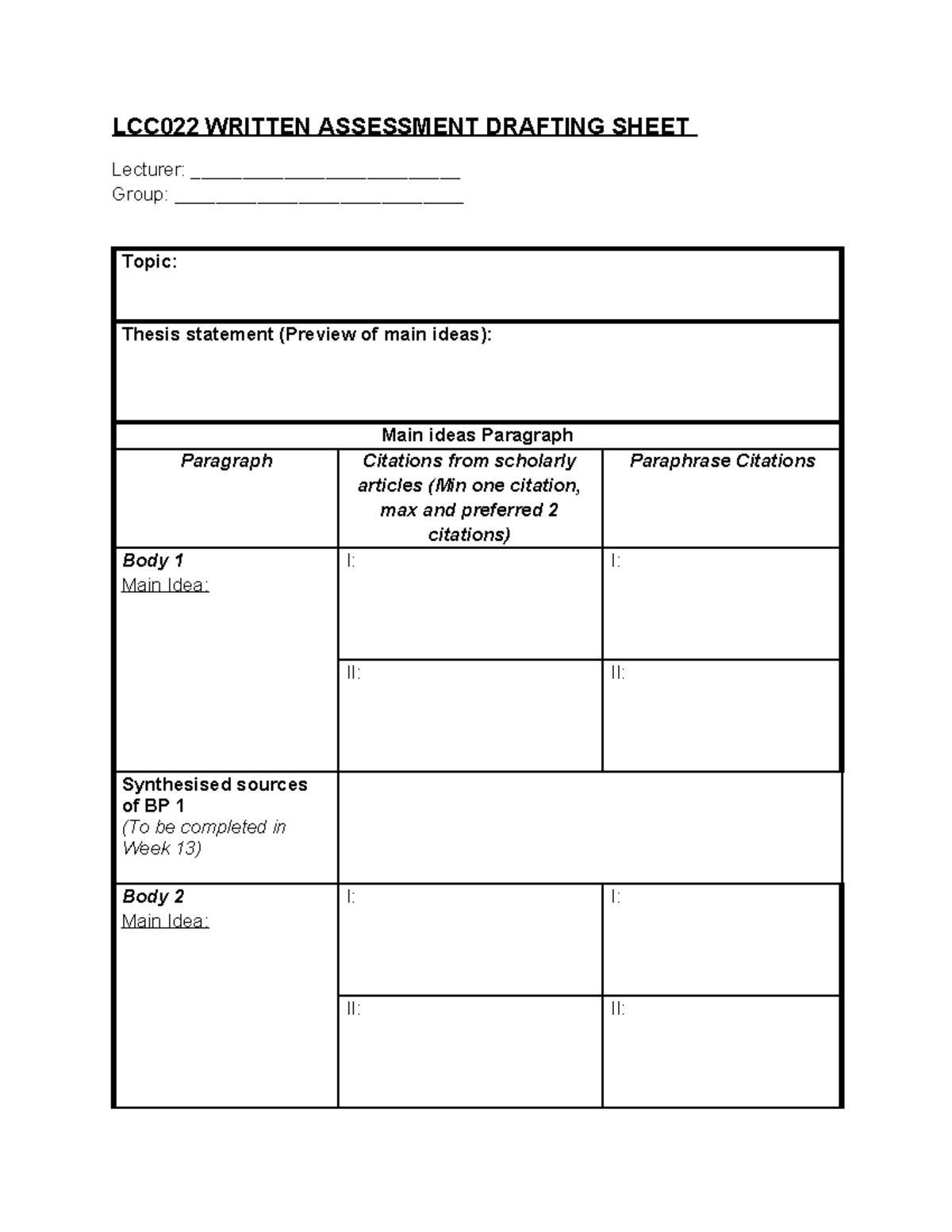 LCC022 Written Assessment Drafting Guide - Week 12 Prep - Studocu