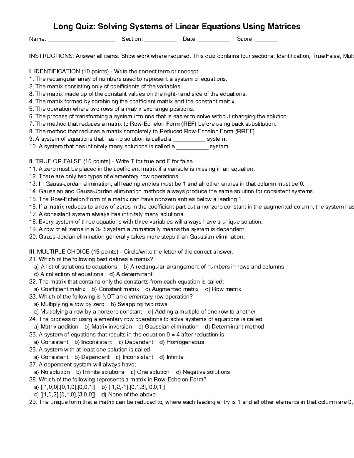 Long Quiz: Matrices and Systems of Linear Equations (Answer Key) - Studocu