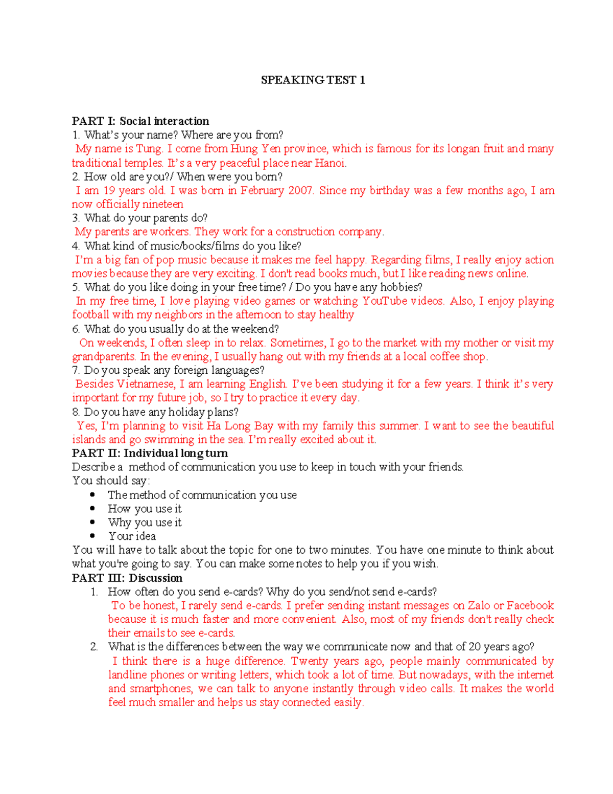 SPEAKING TEST 1: Social Interaction & Communication Skills - Studocu