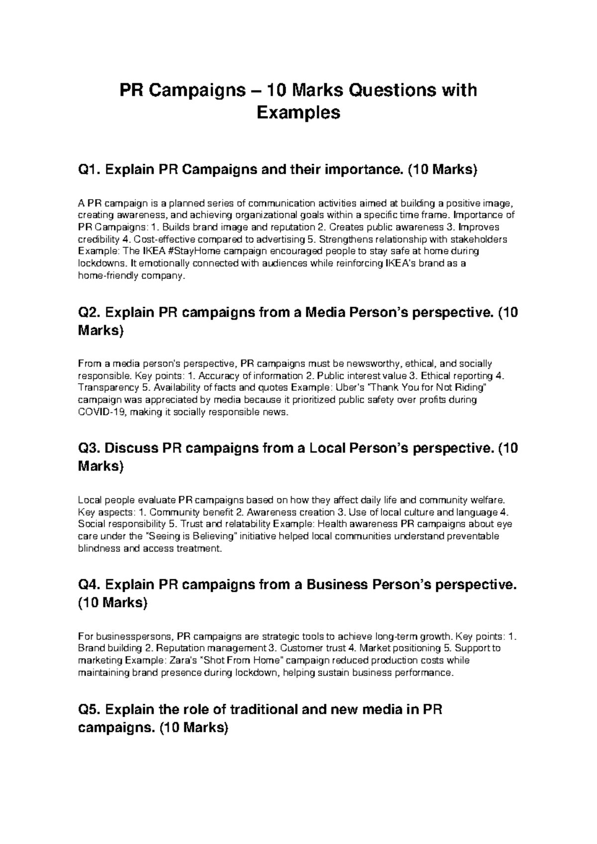 PR Campaigns: 10 Marks Questions & Examples Explained - Studocu