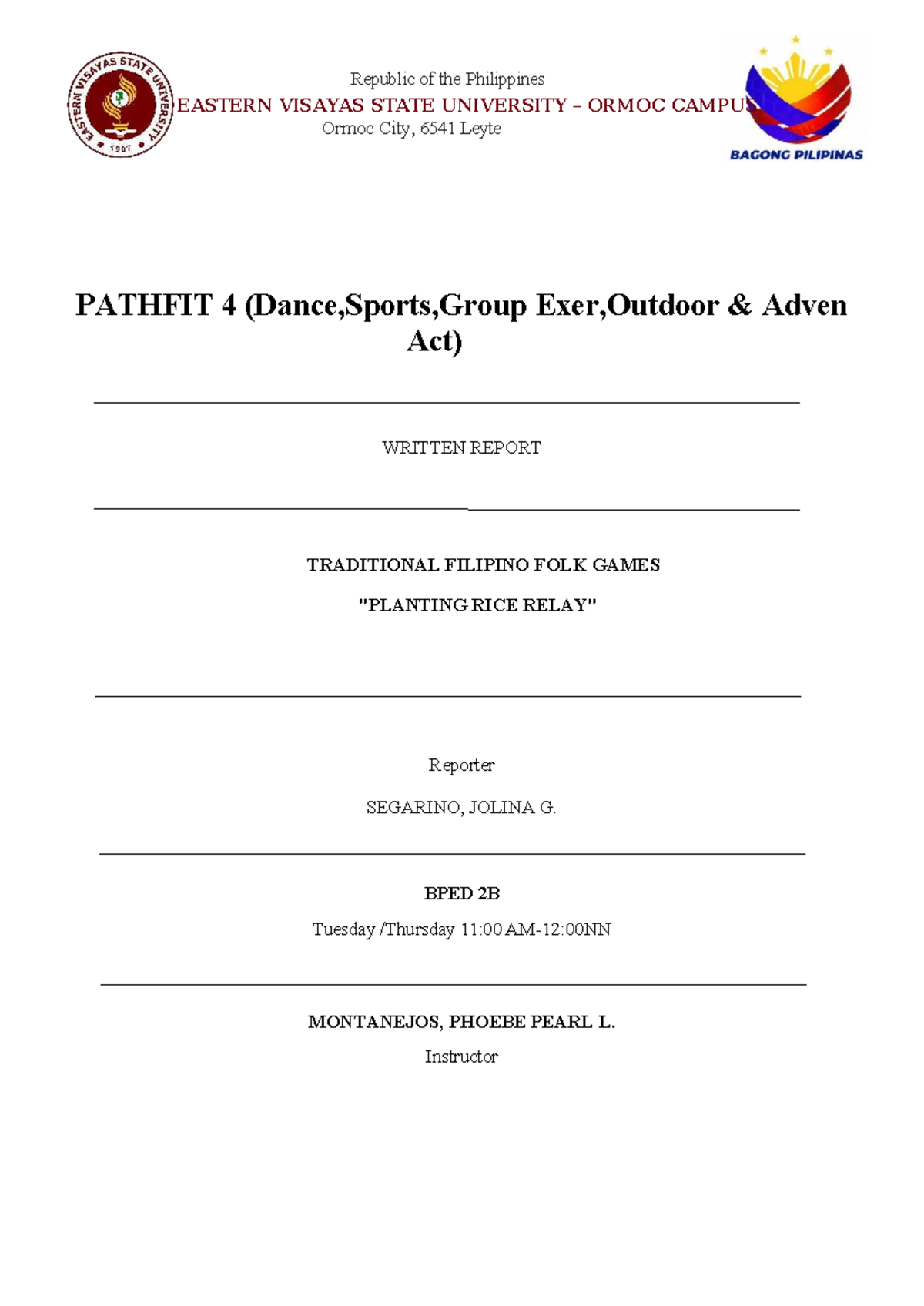 PATHFIT 4 Written Report: Planting Rice Relay Games - Studocu