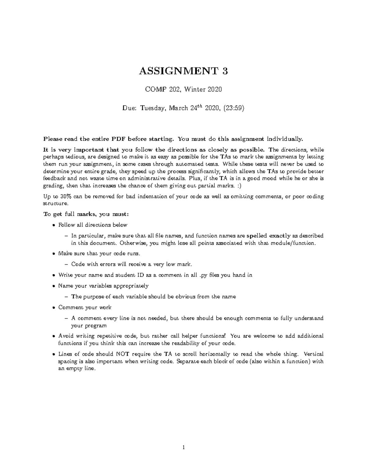 COMP202 A3 Assignment Guidelines & Instructions - Winter 2020 - Studocu
