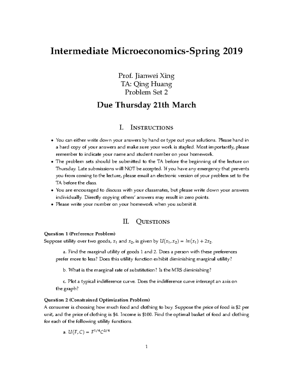 Intermediate Microeconomics - Problem Set 2 (Spring 2019) - Studocu