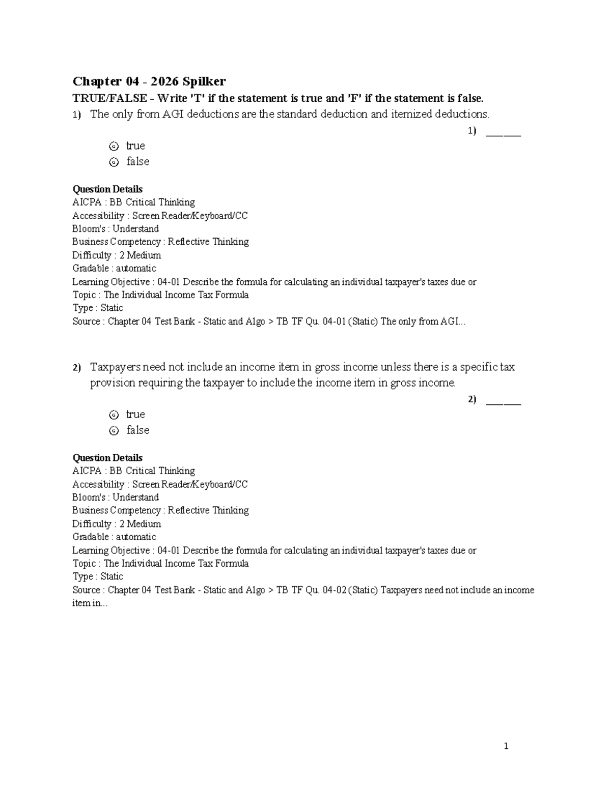 Chapter 04 Tax Concepts: True/False Questions and Answers - Studocu