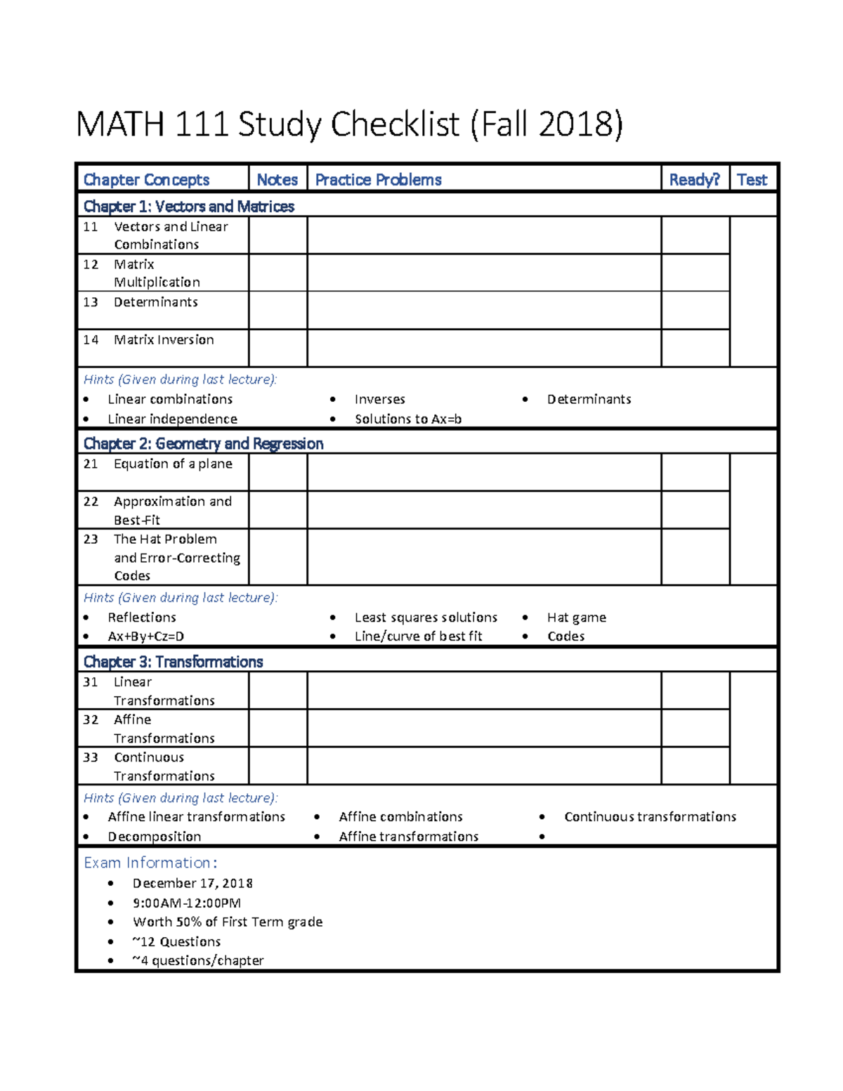 MATH 111 Study Checklist Fall 2018 - MATH 111 Study Checklist (Fall ...