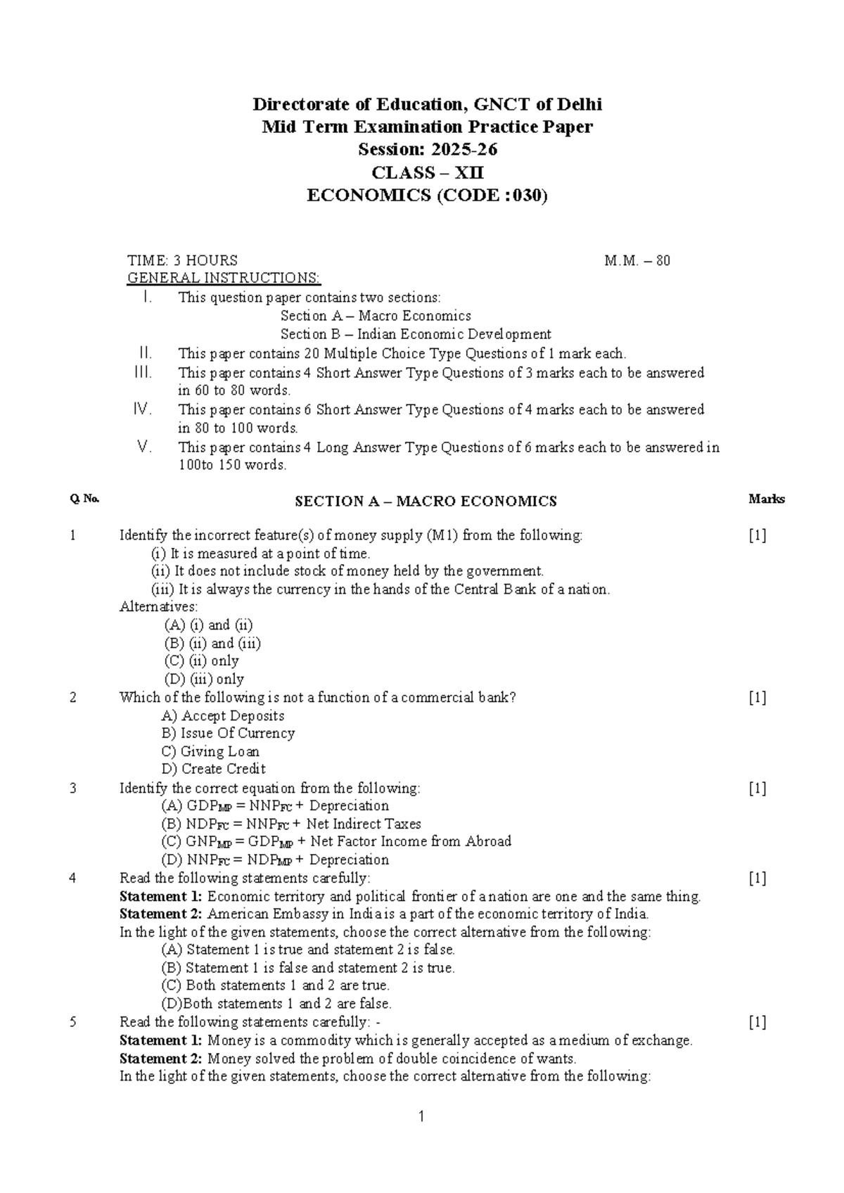 Mid Term Exam Practice Paper: Class XII Economics (Code: 030) - Studocu