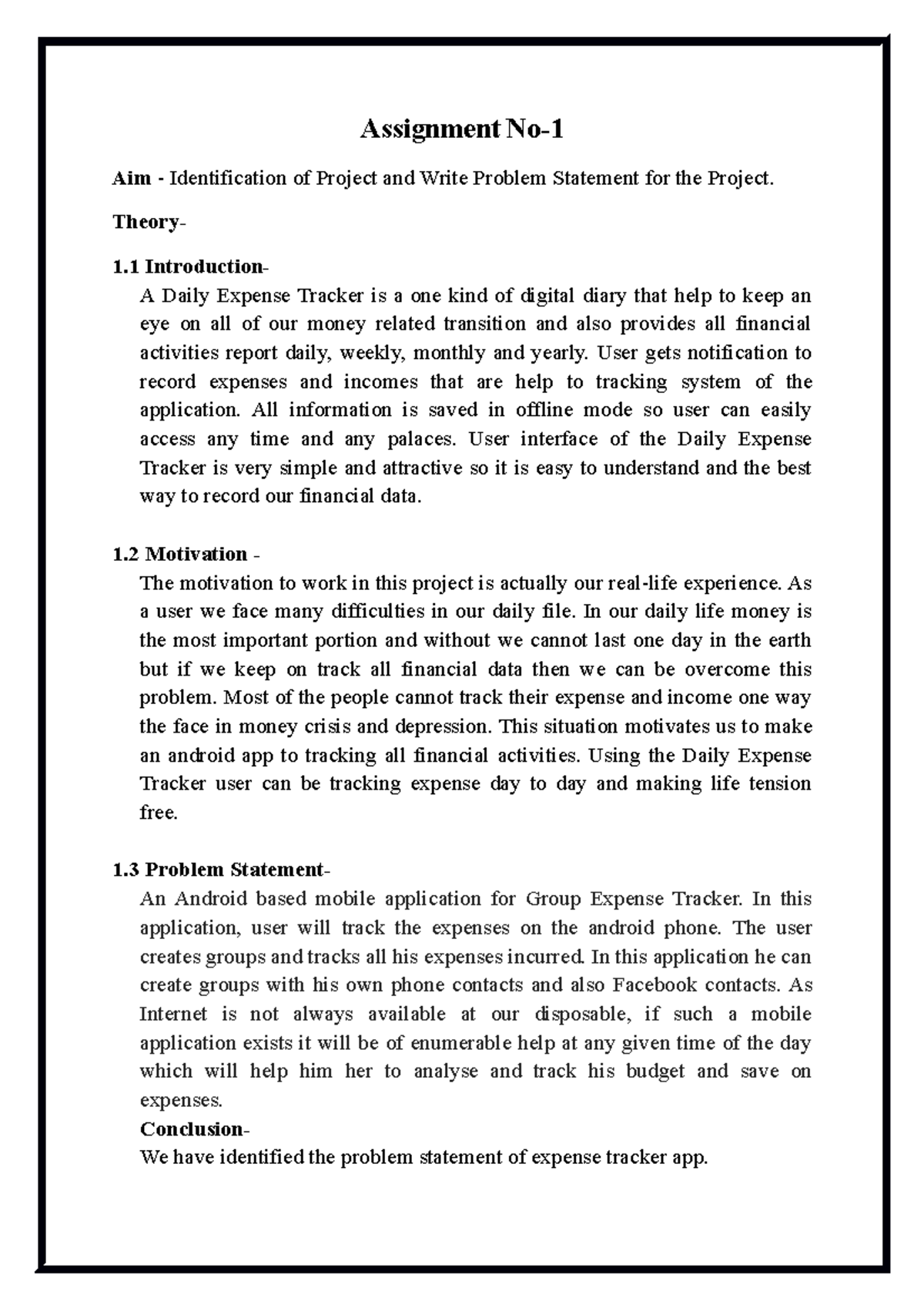 Assignment No 1 - Assignment No- Aim - Identification of Project and ...