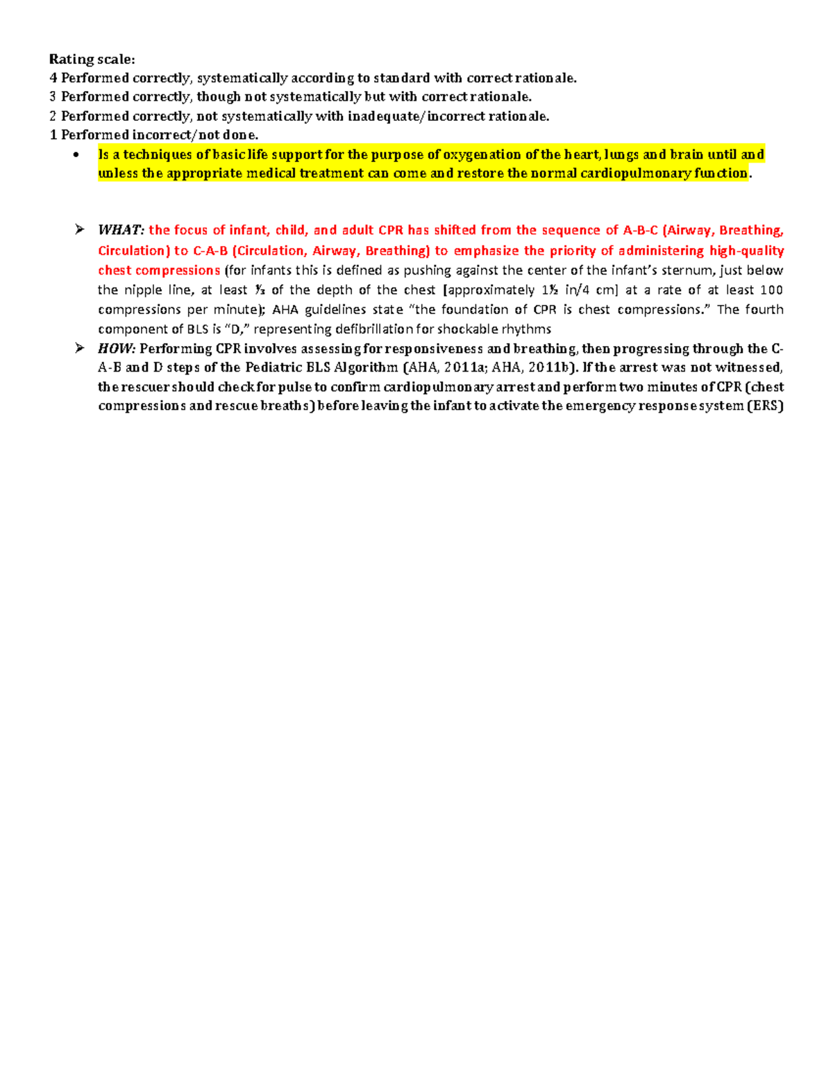 CPR Checklist and Rationale for BLS: Infants, Children, and Adults ...