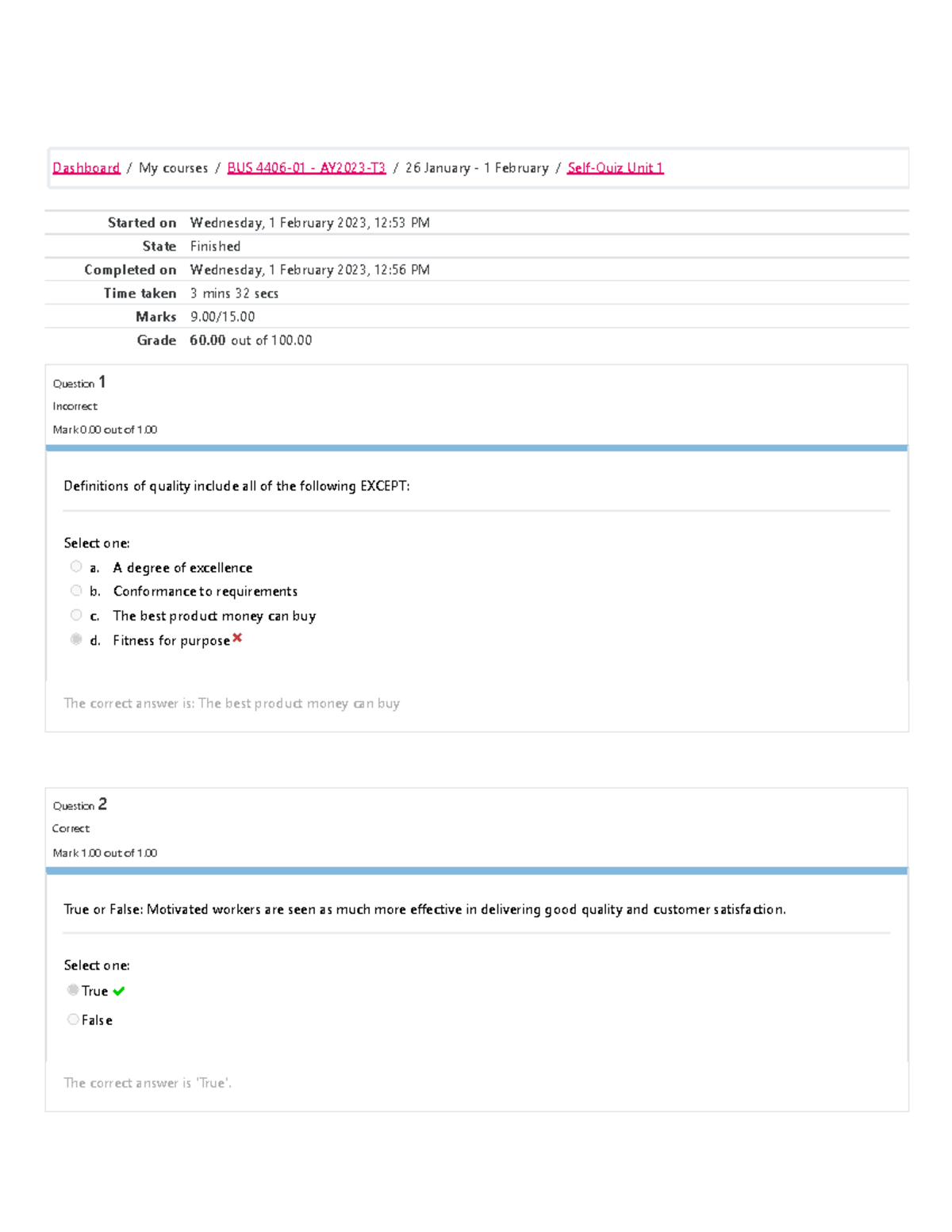 BUS 4406 Quality Management Self Quiz 1 Results and Feedback - Studocu