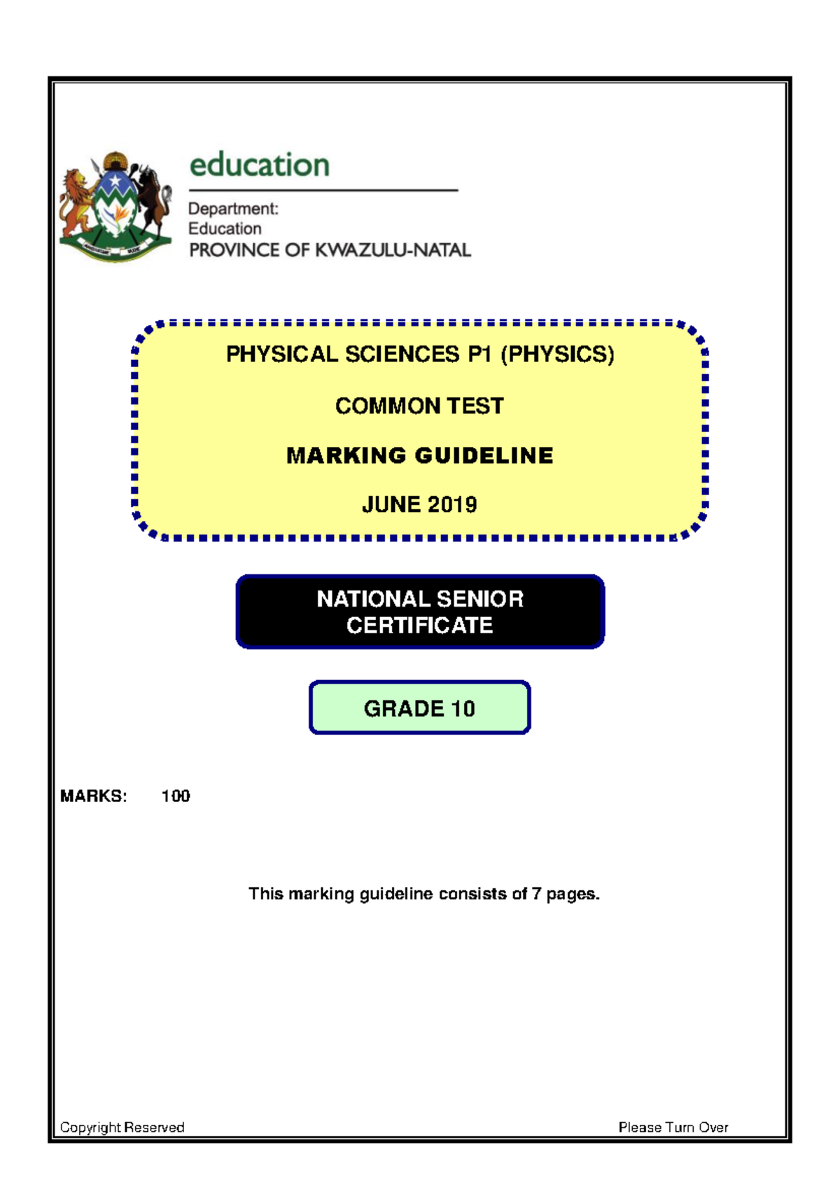 Physical Sciences P1 (Physics) Grade 10 Common Test Marking Memo June ...