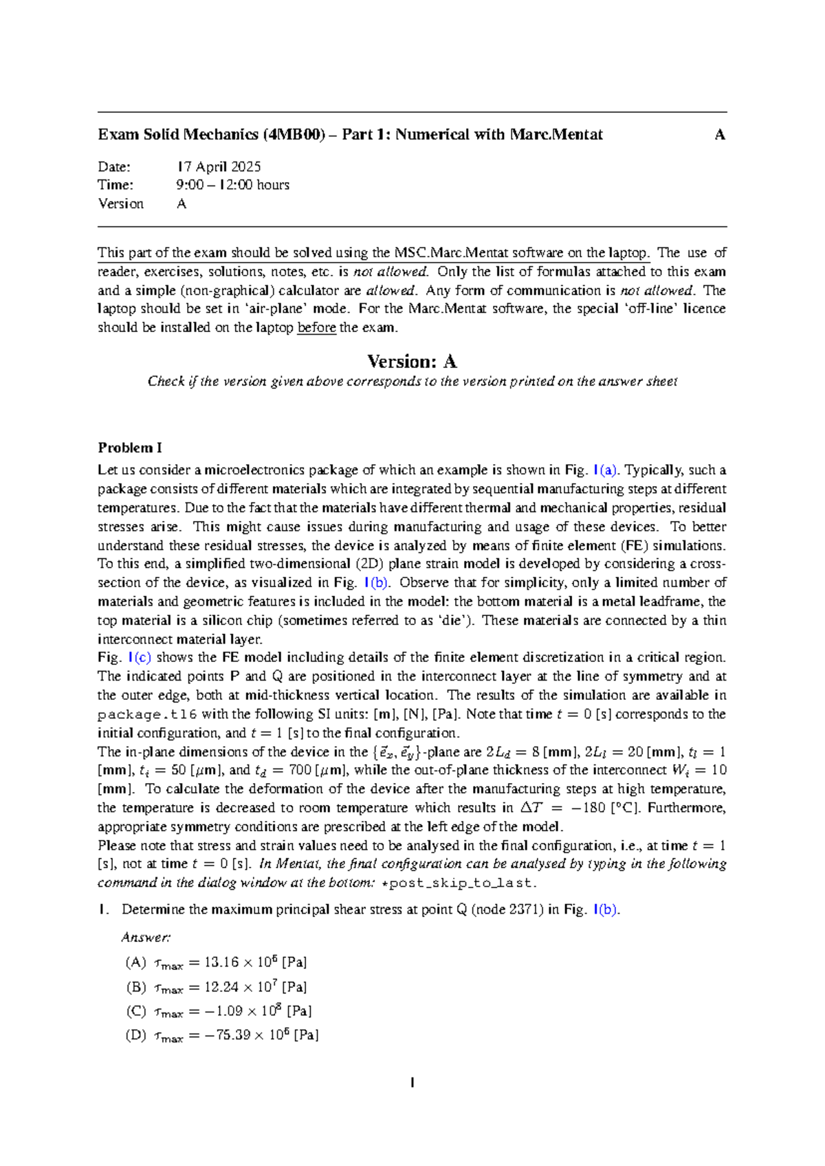 Exam Solid Mechanics (4MB00) Part 1: Numerical & Part 2: Analytical ...