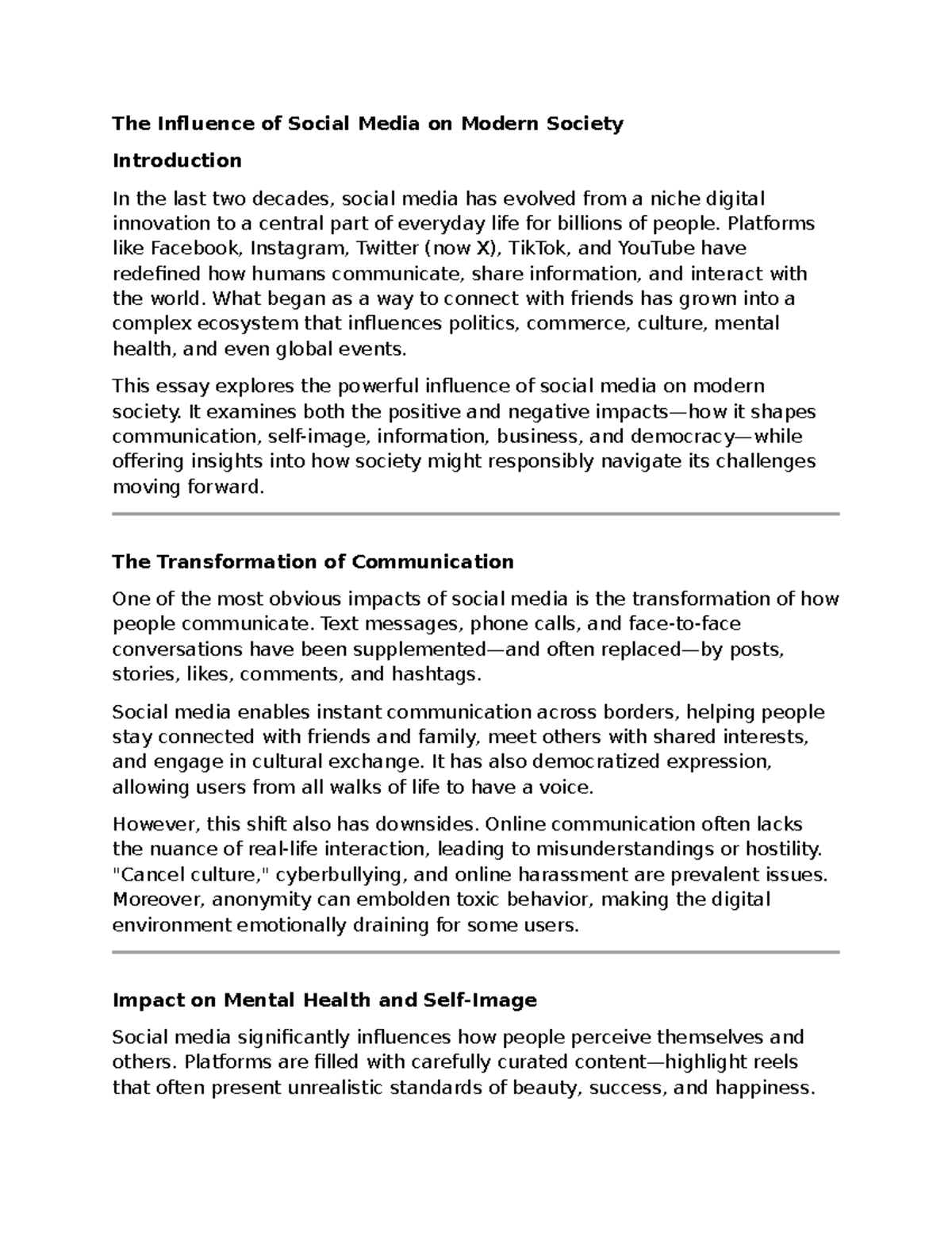 SOC 101: The Impact of Social Media on Modern Society Essay - Studocu