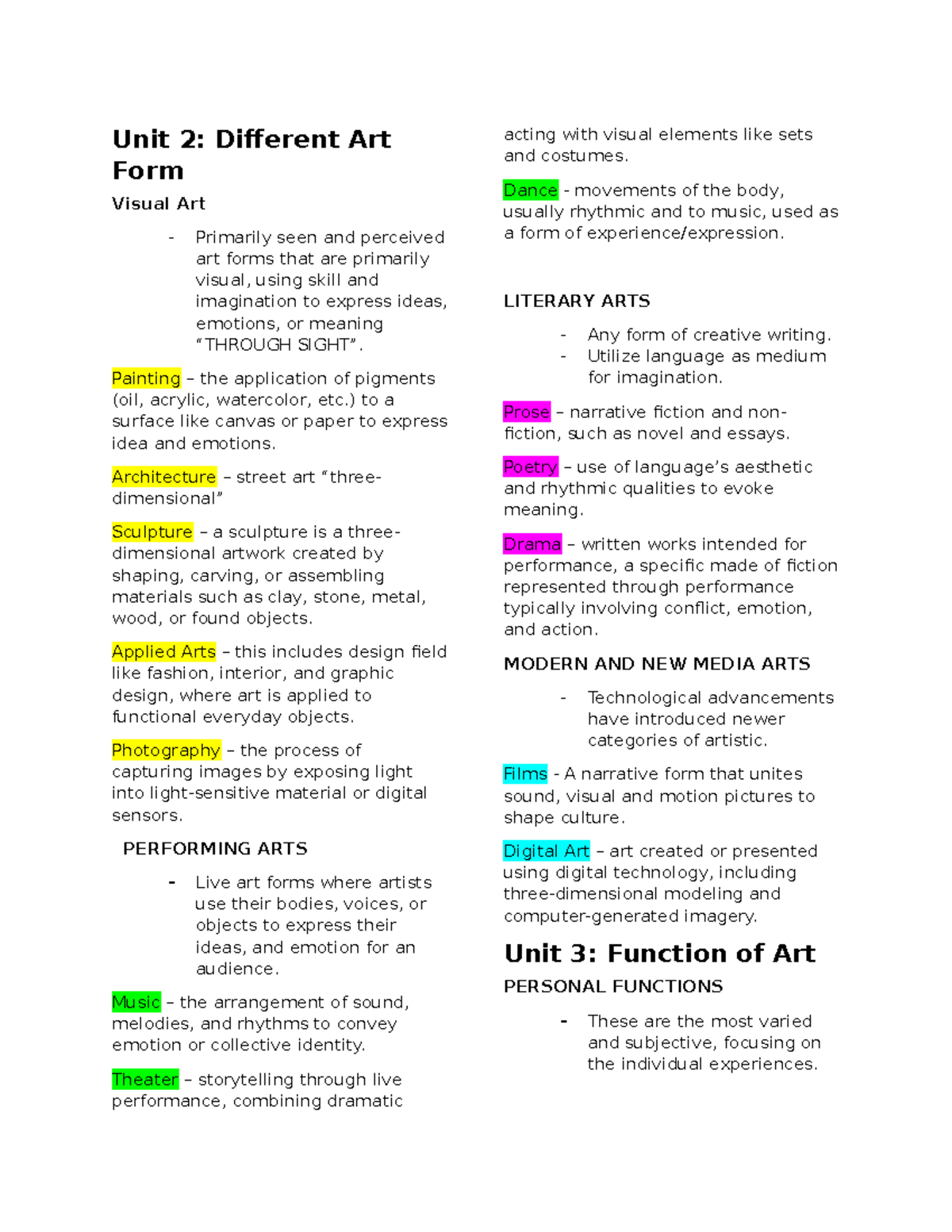 CAA-UNIT-23: Exploring Different Art Forms and Their Functions - Studocu