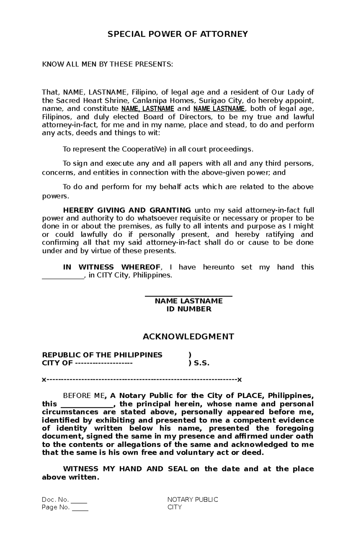 SPA Sample: Special Power of Attorney Document Template - Studocu