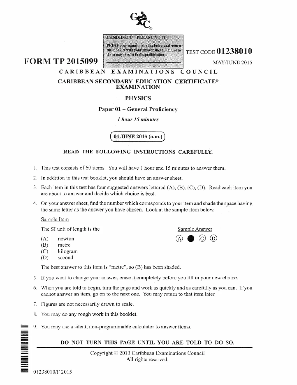 CSEC Physics Paper 01 General Proficiency Exam 2017 Instructions and ...